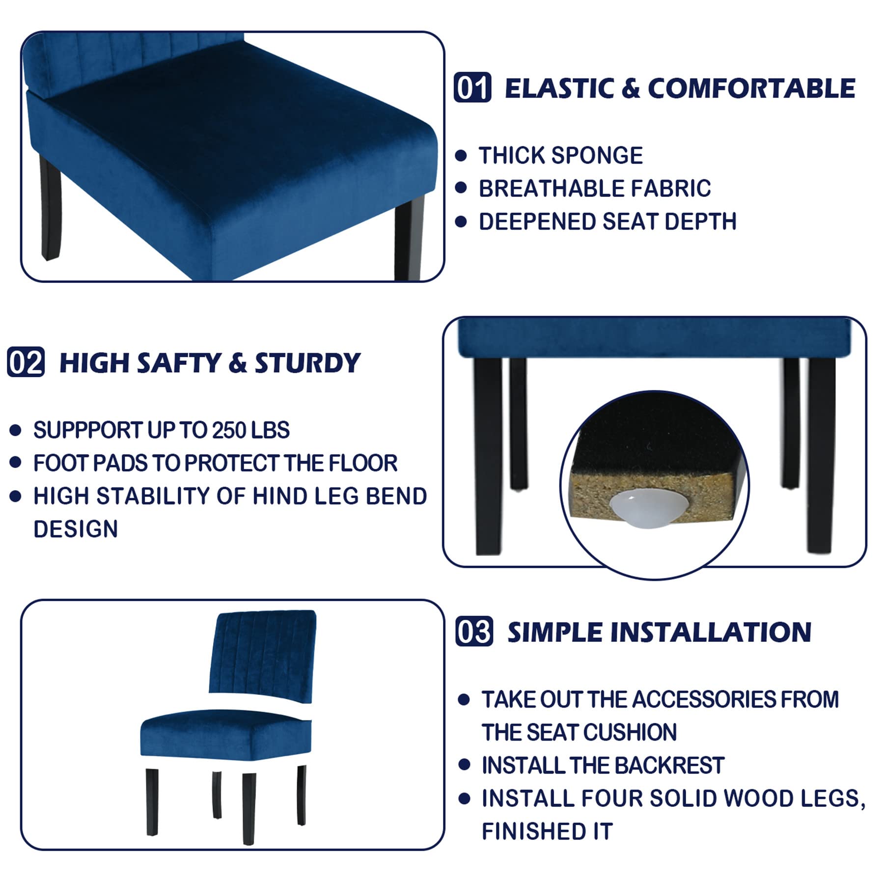 Modern Velvet Armless Accent Chair - Navy Blue Slipper Chair for Bedroom, Living Room & Vanity | Stylish Corner Side Chair for Home Decor & Relaxation
