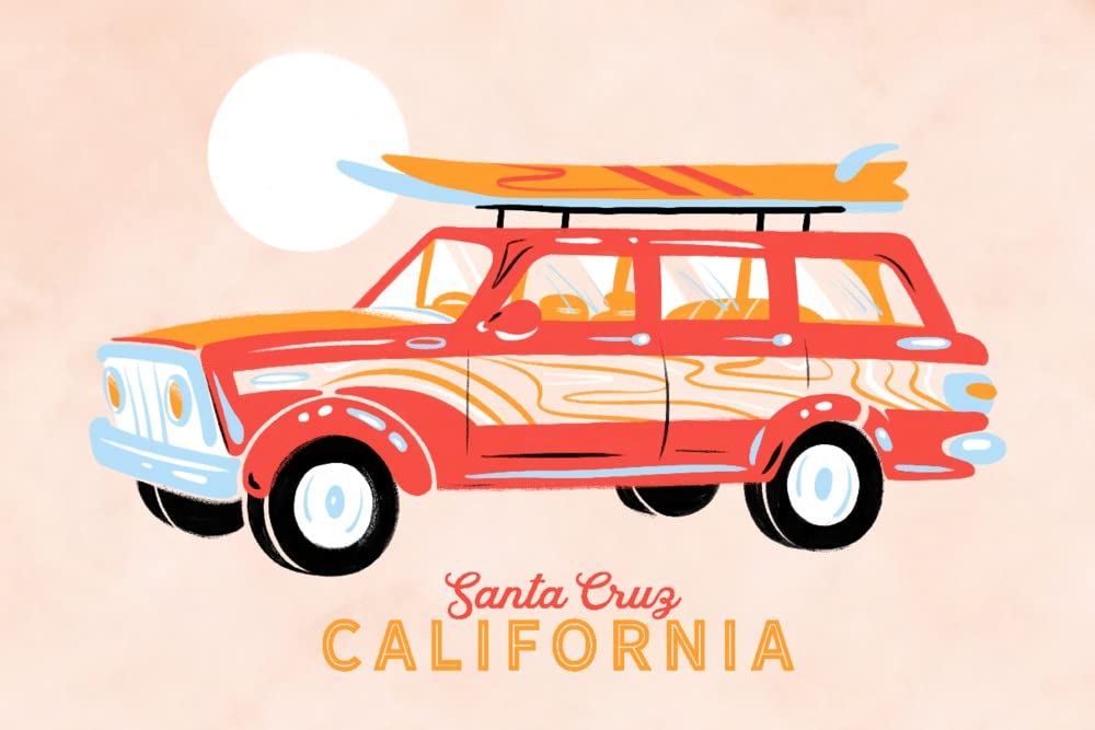 Lantern Press Santa Cruz California Secret Surf Spot Collection - Woody Wagon with Surfboards Wall Art (24x36 Wrapped Canvas) - Coastal Home Decor for Beach House, Living Room & Office