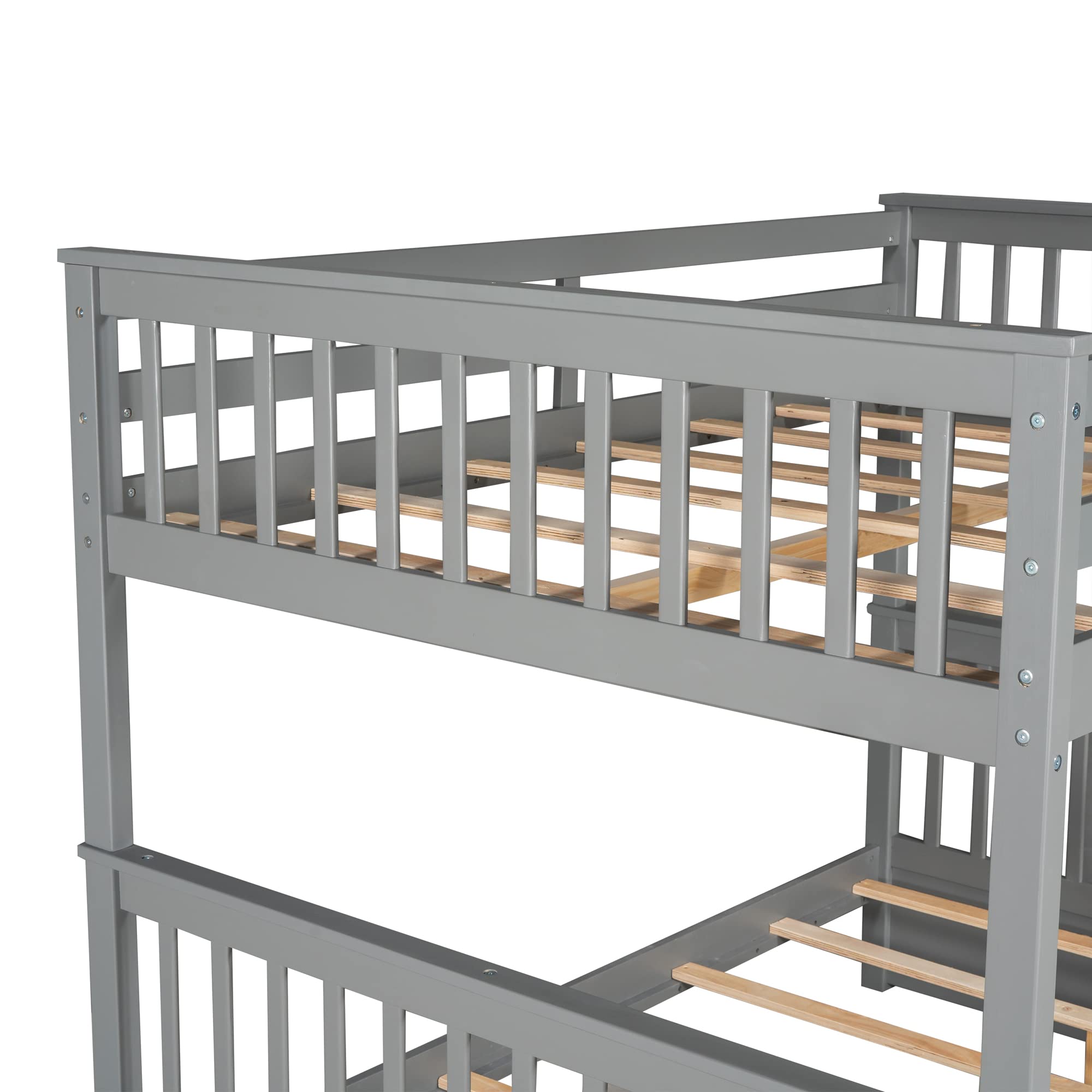 Harper & Bright Designs Full Over Full Bunk Bed with 2 Drawers - Solid Wood Platform Bed with Ladder, Full Length Guardrail & Headboard - No Box Spring Needed - Grey - Space Saving Kids Bedroom Furniture for Siblings or Sleepovers