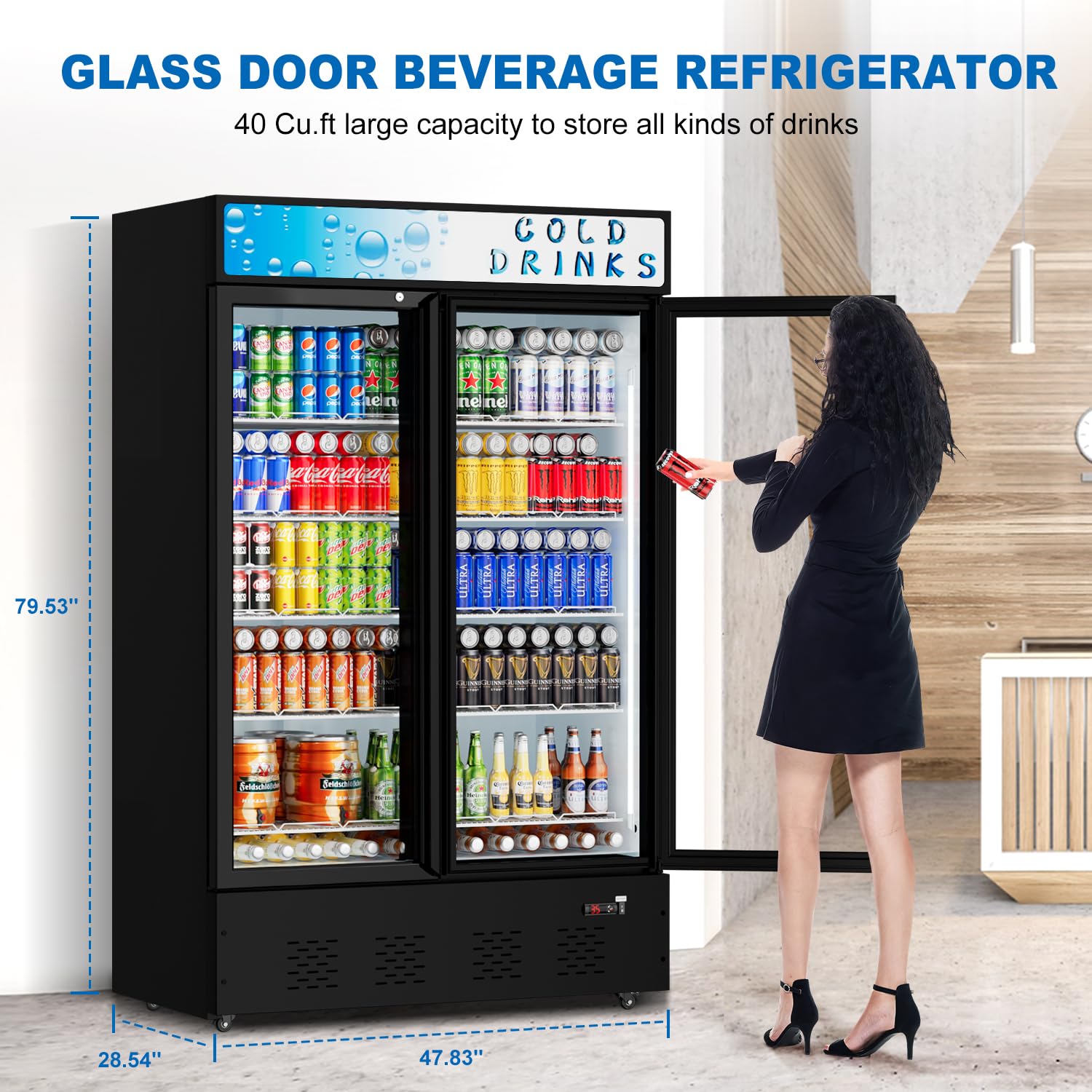 40 Cu.ft. Commercial Beverage Refrigerator with Glass Door, LED Lighting & Adjustable Shelves - Upright Display Cooler for Restaurants, Grocery Stores, Bars, and Home Use - Perfect for Storing Drinks, Snacks, and Perishable Items