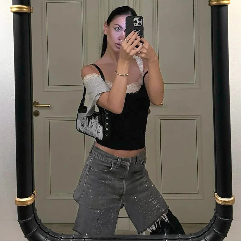 Trendy 2024 Women's Asymmetrical Lace Trim Patchwork T-Shirt in White & Black - 2000s Aesthetic Vintage Style - Perfect for Casual Outfits, Streetwear & Retro Fashion Looks