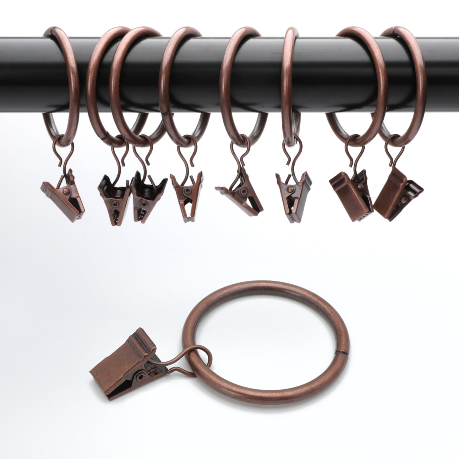 44 Pack Antique Copper Metal Curtain Rings with Clips - 1 Inch Interior Diameter Drapery Hooks for Hanging Curtains & Drapes - Perfect for Living Room, Bedroom, and Home Decor