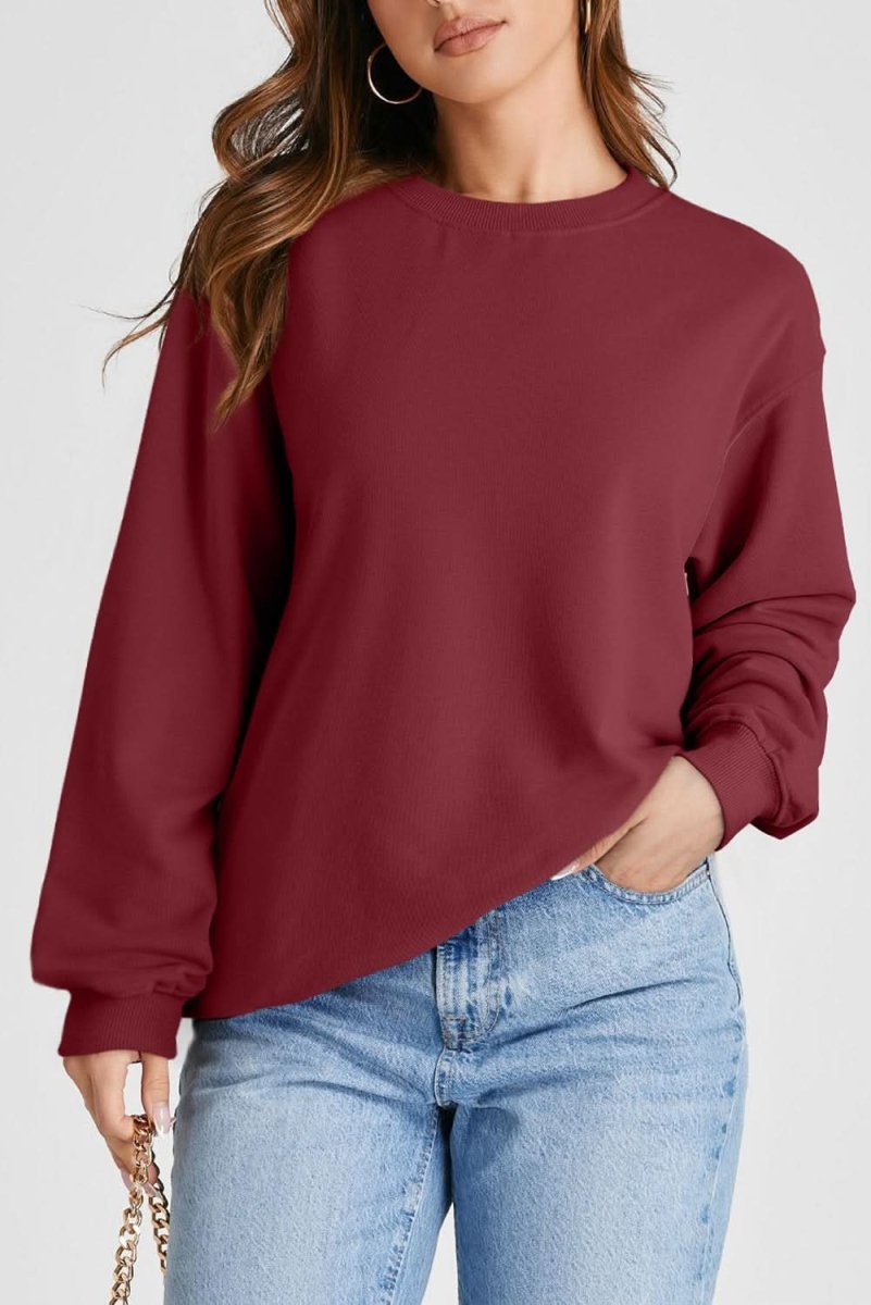 Burgundy Plain Drop Shoulder Crewneck Pullover Sweatshirt for Women - Casual Loose Fit Long Sleeve Sweater for Fall Winter Fashion, Lounge, Travel & Everyday Wear