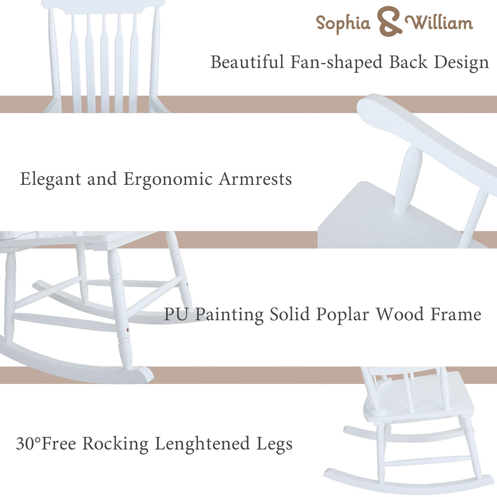 Sophia & William Modern White Poplar Wood Rocking Chair - Fan-Shaped Back Design for Porch, Patio, Garden, Lawn, Balcony & Indoor Use - 300 lbs Weight Capacity (1 Pack) - Perfect for Relaxing, Reading & Enjoying Outdoor Breezes