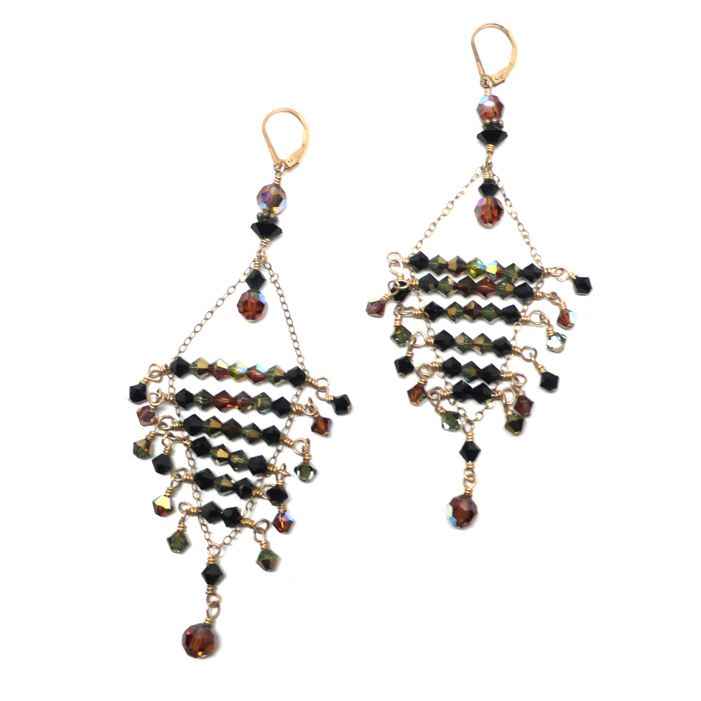 Brown Black Olivine Crystal Open Weave Triangle Statement Earrings - Gold-Filled Handmade Bohemian Jewelry for Women - Perfect for Parties, Weddings & Special Occasions