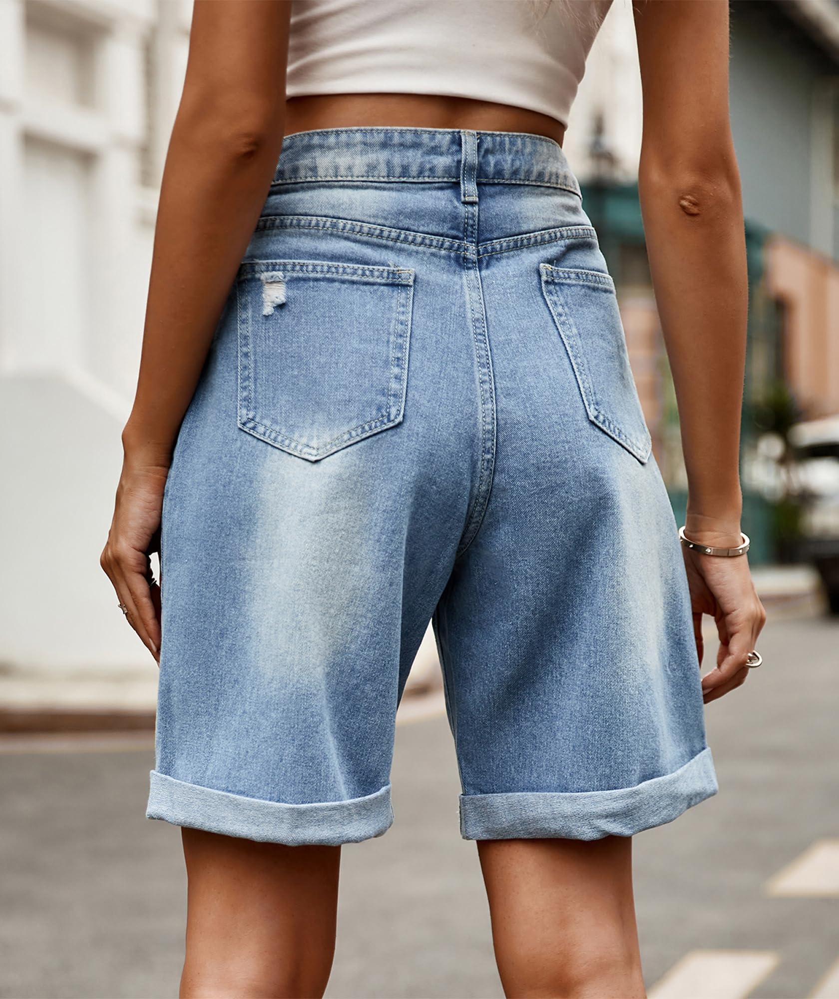 Women's Ripped Denim Bermuda Shorts - High Waisted Roll Up Jean Jorts for Summer | Casual Streetwear, Beach Outfits & Music Festivals