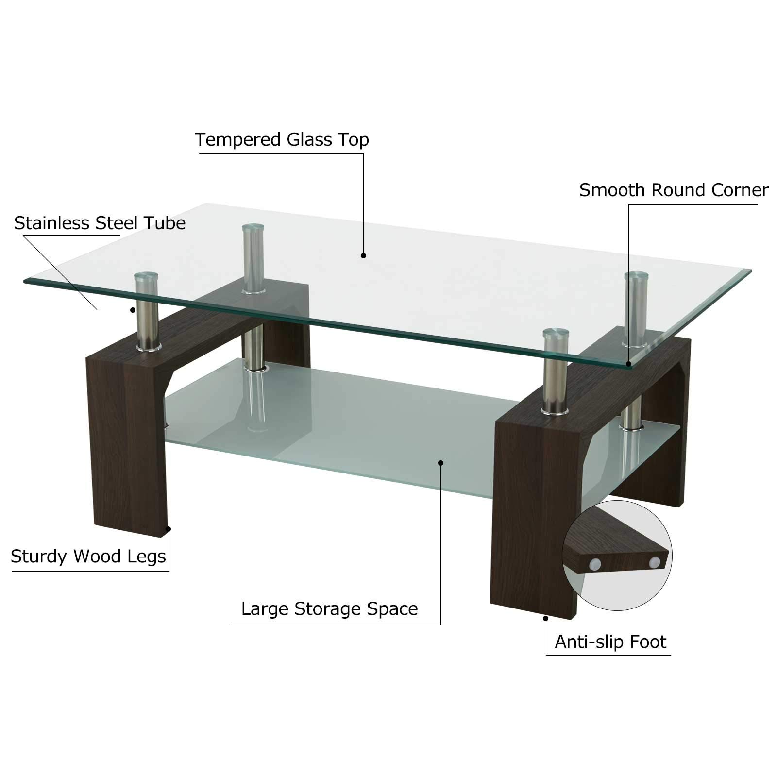 Modern Rectangle Glass Coffee Table with Brown Wooden Legs & Lower Shelf - Stylish Living Room Furniture for Small Spaces, Home Decor, and Lounge Areas