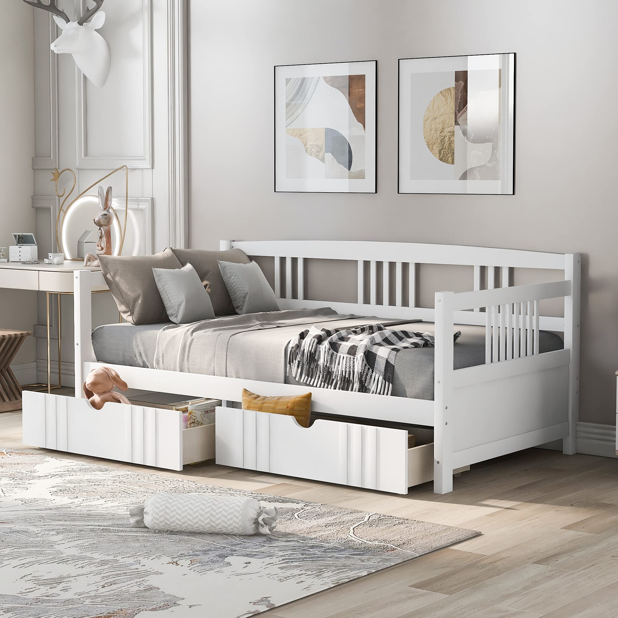 Twin Size Wood Daybed with Storage Drawers - Low Platform Sofa Bed for Bedroom & Living Room