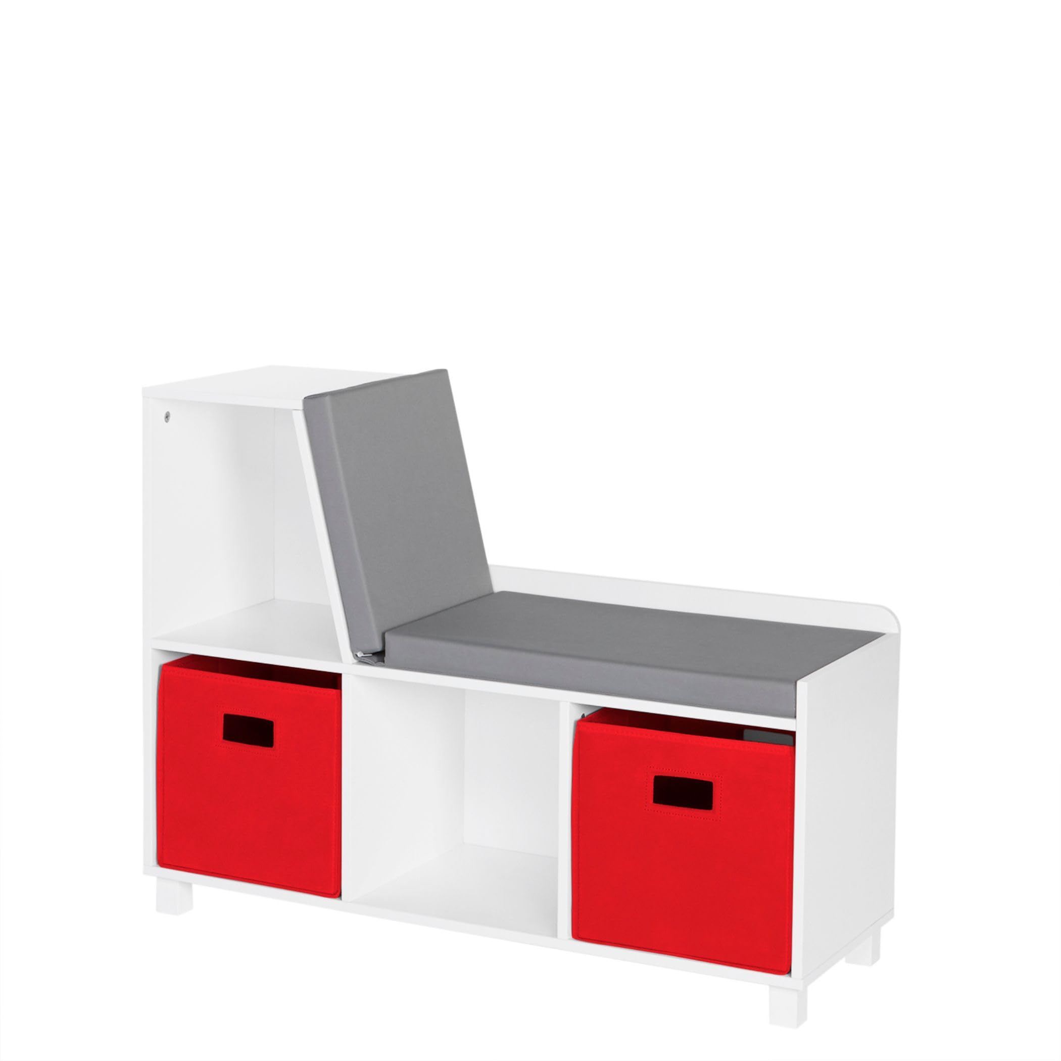 **RiverRidge Kids Book Nook & Toy Storage Bench with Comfy Cushion, White Cubby Organizer & Red Bins - Perfect for Playroom, Bedroom, or Classroom Organization**