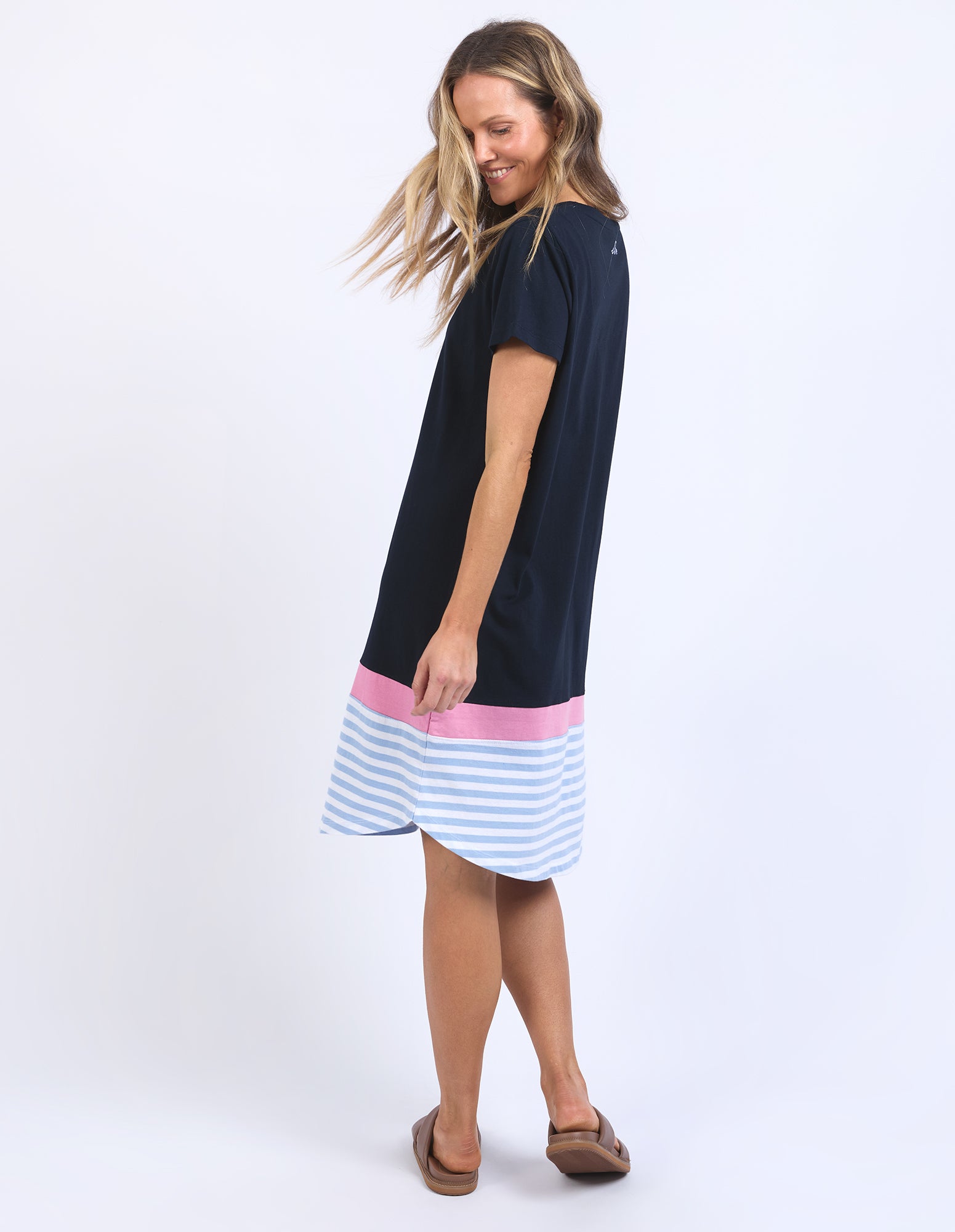 Elm Draw The Line Tee Dress - Navy Blue & White Striped Women's Casual T-Shirt Dress for Summer Outfits, Beach Wear, and Everyday Comfort