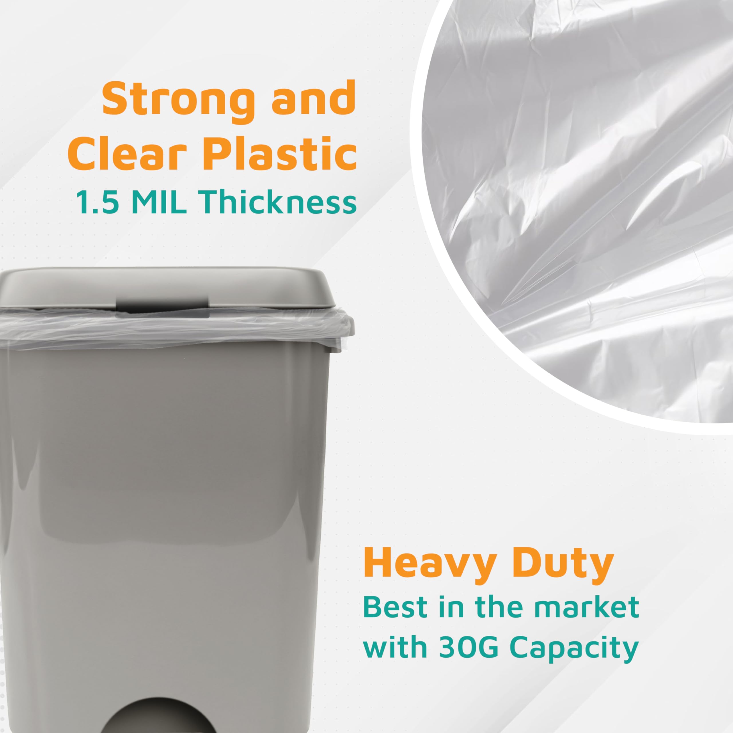 PlasticMill Heavy Duty Trash Bags - 20-30 Gallon Clear Kitchen Garbage Bags, 1.5 Mil Thick, 30
