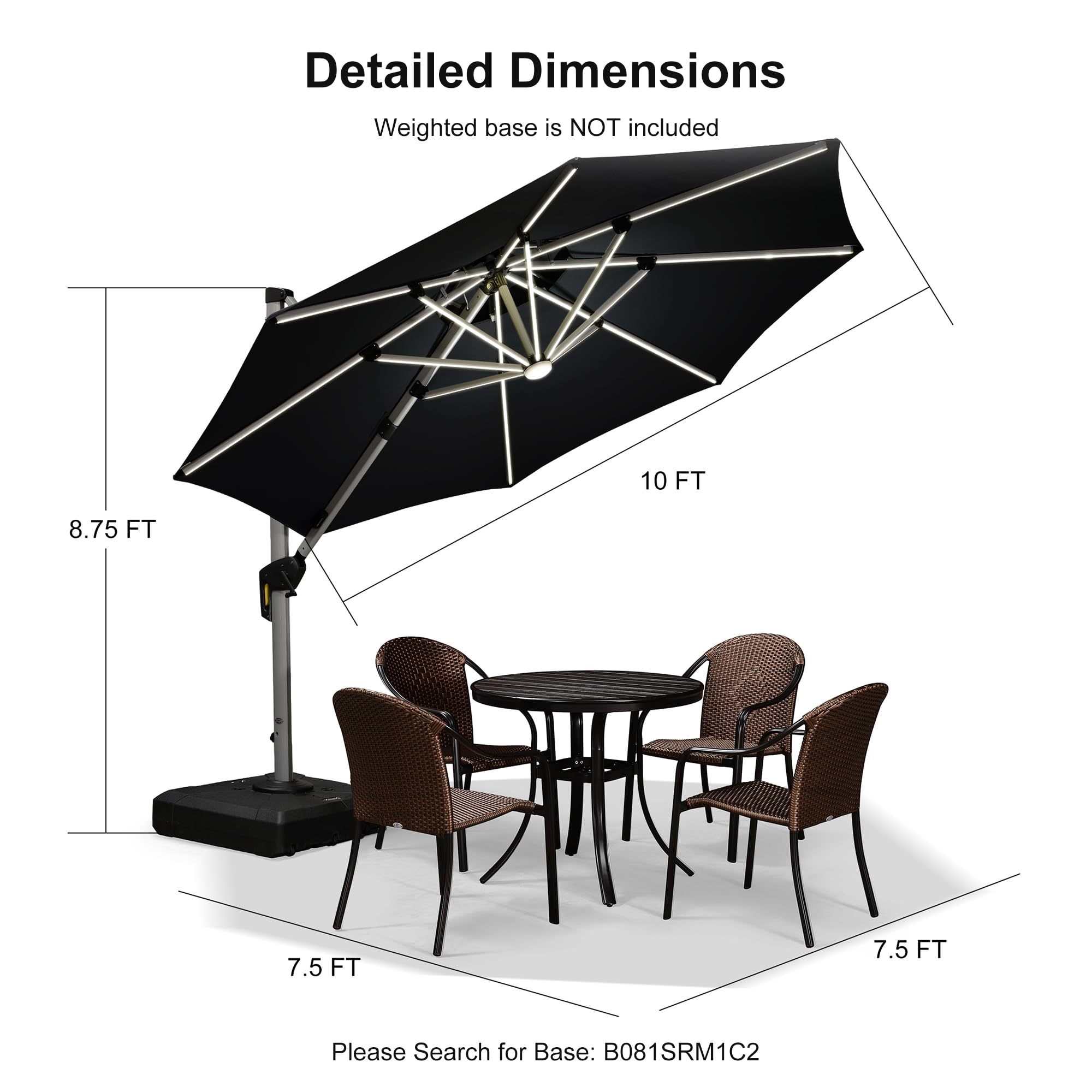 PURPLE LEAF 10ft Solar Powered LED Patio Umbrella - Large Windproof Cantilever Outdoor Umbrella with LED Lights for Garden, Deck, Pool - Heavy Duty Sun Shade for Outdoor Dining & Relaxation (Black)