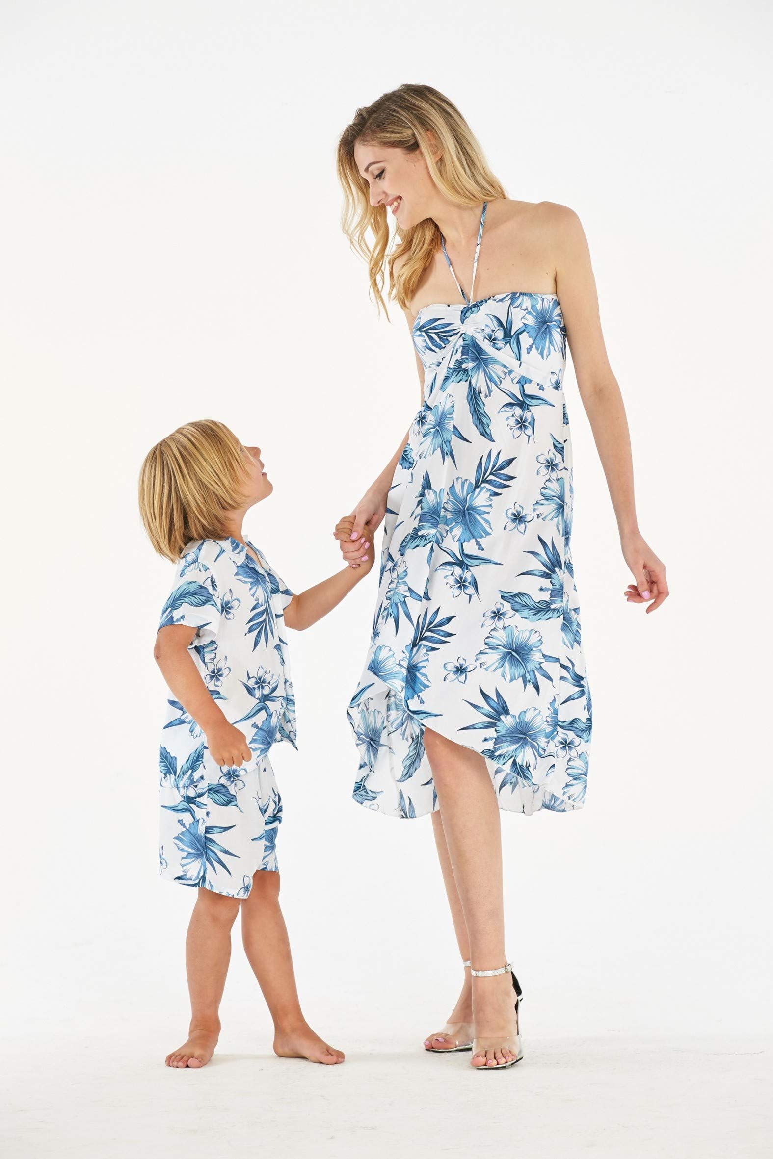 Matching Mother and Son Hawaiian Luau Outfits - Tropical Floral Print Dress & Shirt Set for Beach Party, Family Vacation, and Summer Photoshoots