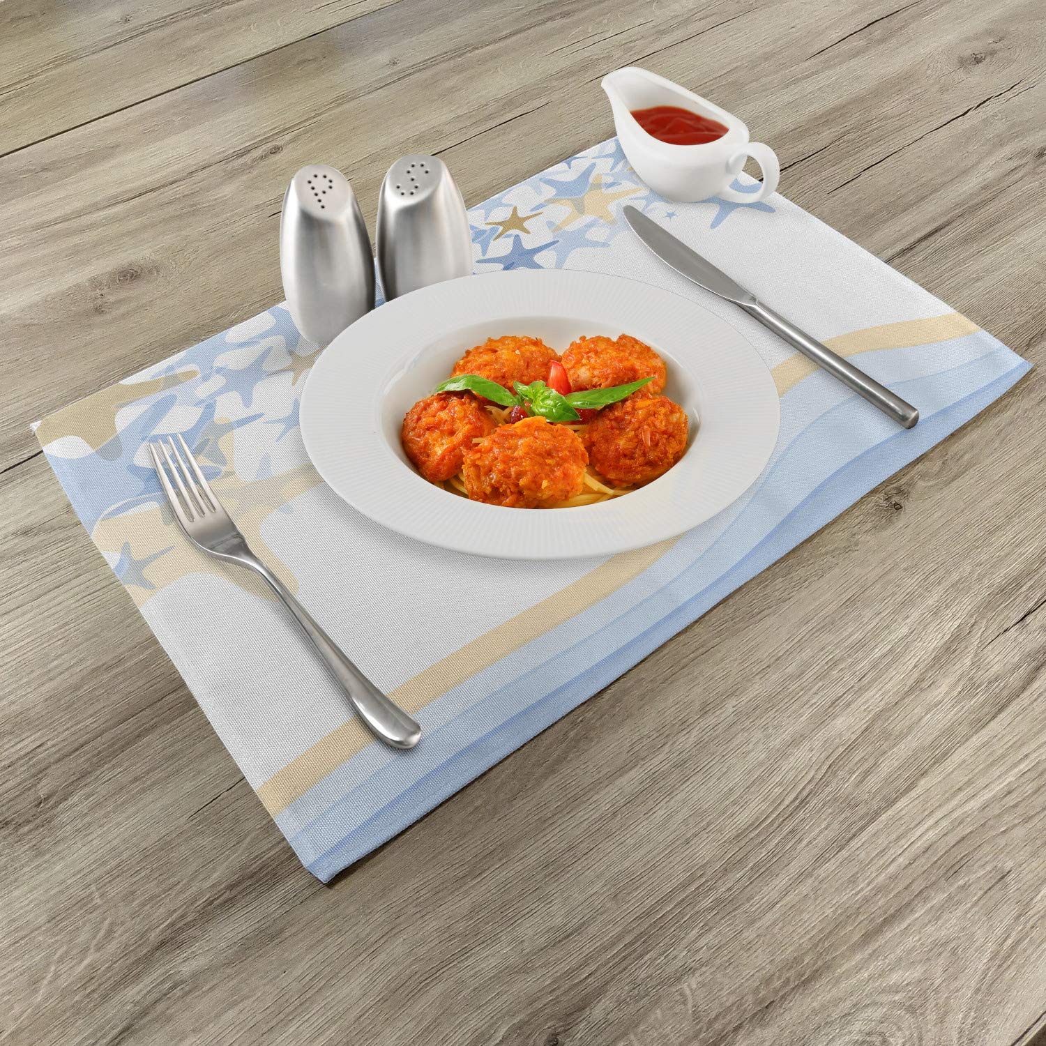 Ambesonne Starfish Place Mats Set of 4 - Ocean Inspired Wavy Stripes & Starfish Design, Washable Fabric Table Mats for Dining Room & Kitchen Decor - Perfect for Beach Themed Parties & Coastal Home Decor