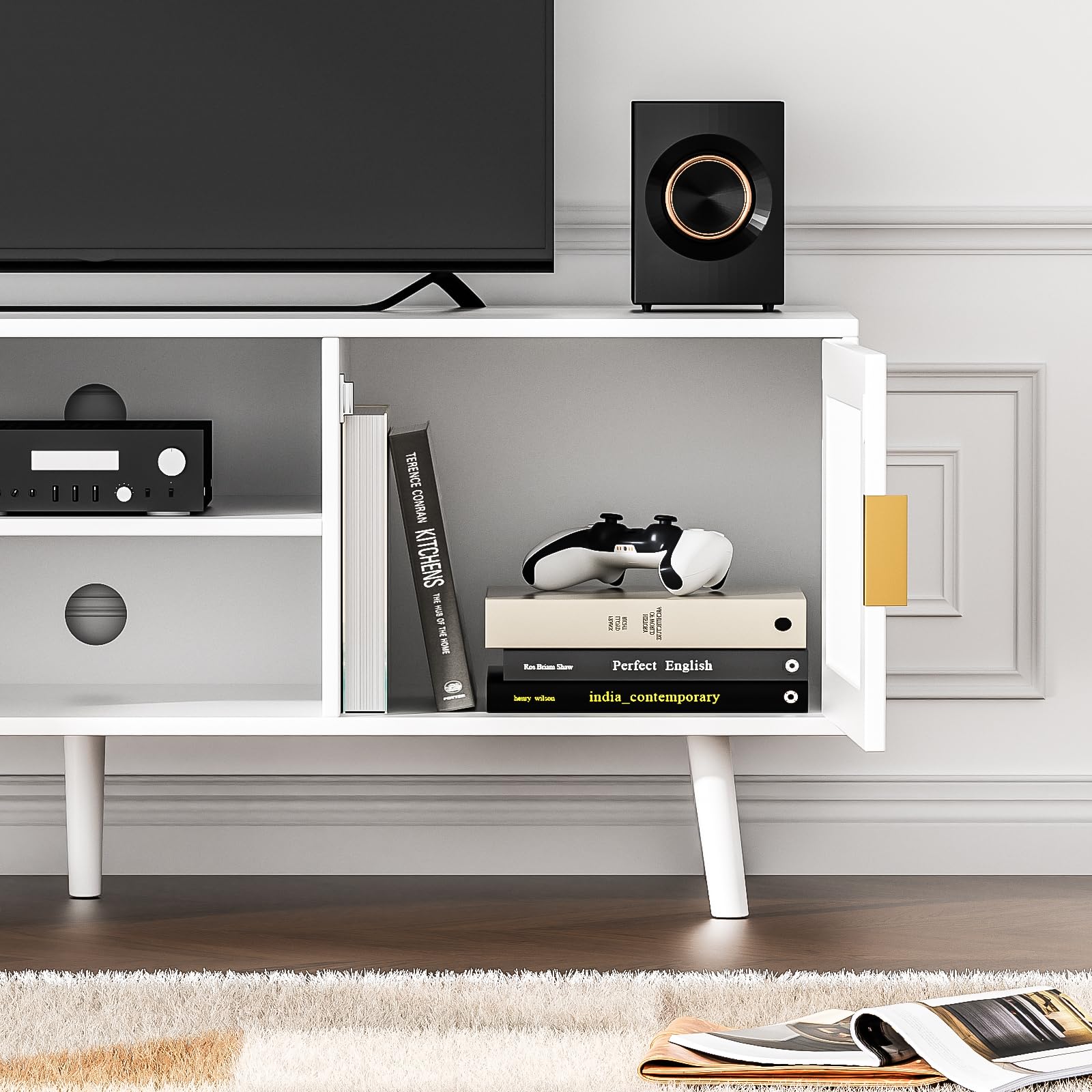 Anmytek 55 Inch Farmhouse Rattan TV Stand - Mid Century Modern Entertainment Center with Storage Cabinet, Wood Media Console for Living Room, Bedroom & Office - White H0055