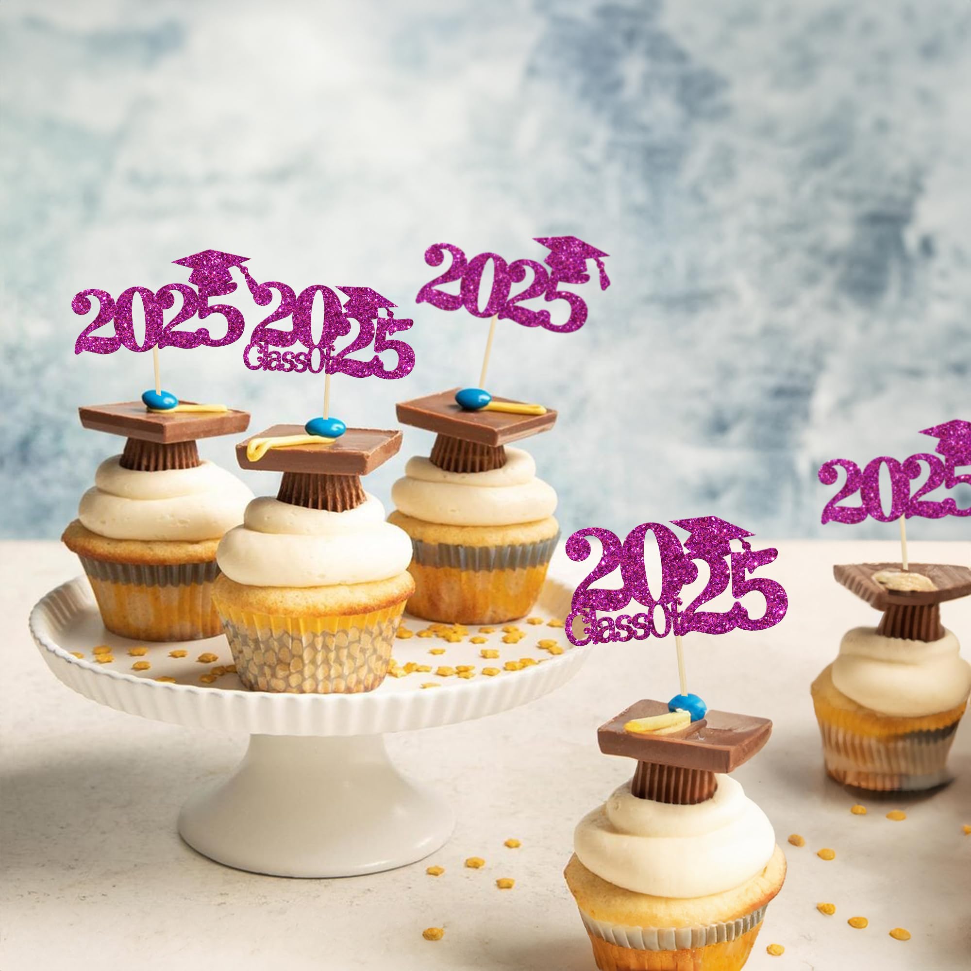 24Pcs Class of 2025 Graduation Cupcake Toppers - Purple Glitter Grad Cap Cake Decorations for 2025 Graduation Party Supplies | Perfect for High School & College Graduation Cakes, Cupcakes, and Dessert Tables