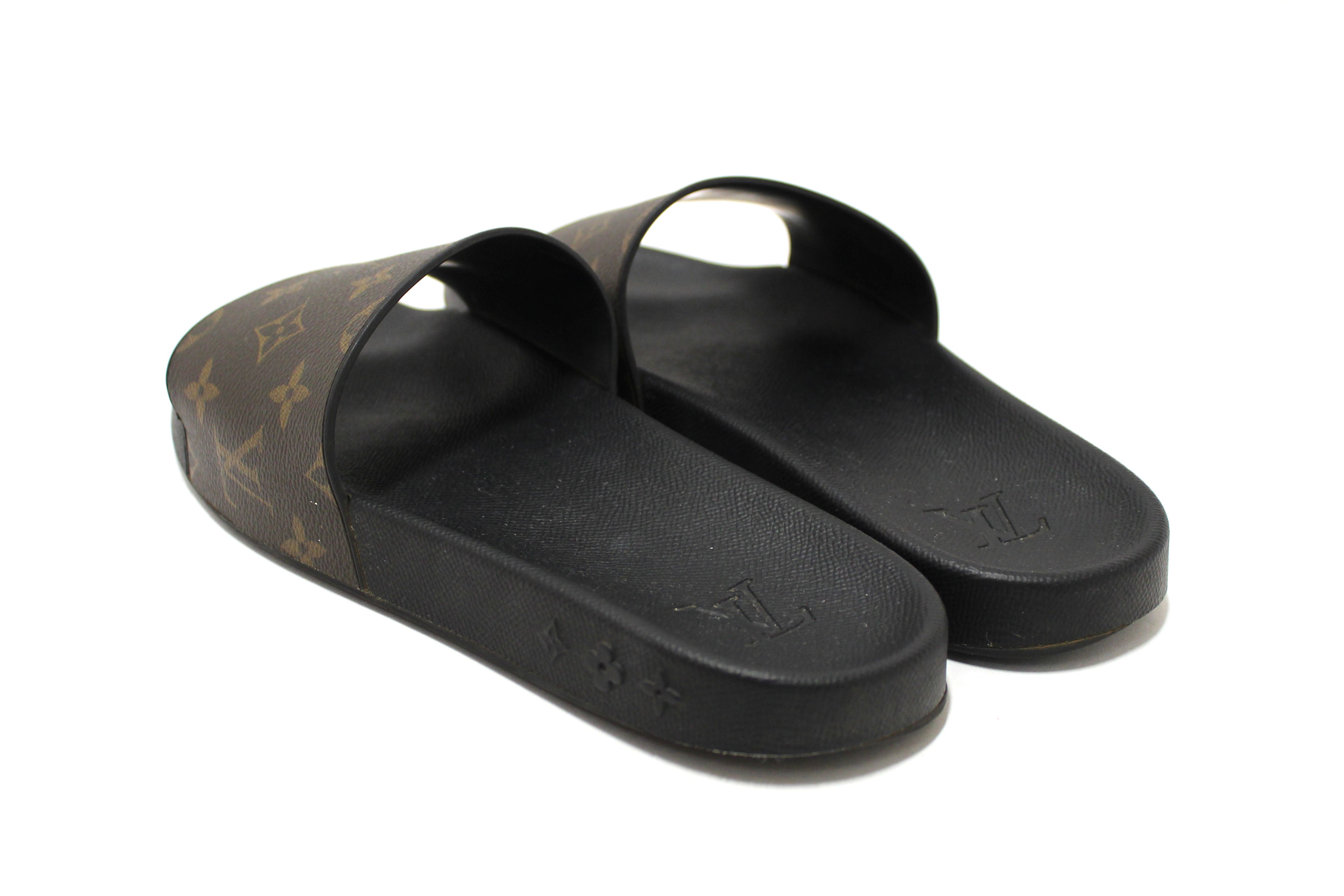 Authentic Louis Vuitton Men's Classic Monogram Black Leather Waterfront Mule Size 9 - Luxury Casual Slides for Beach, Poolside & Summer Outings