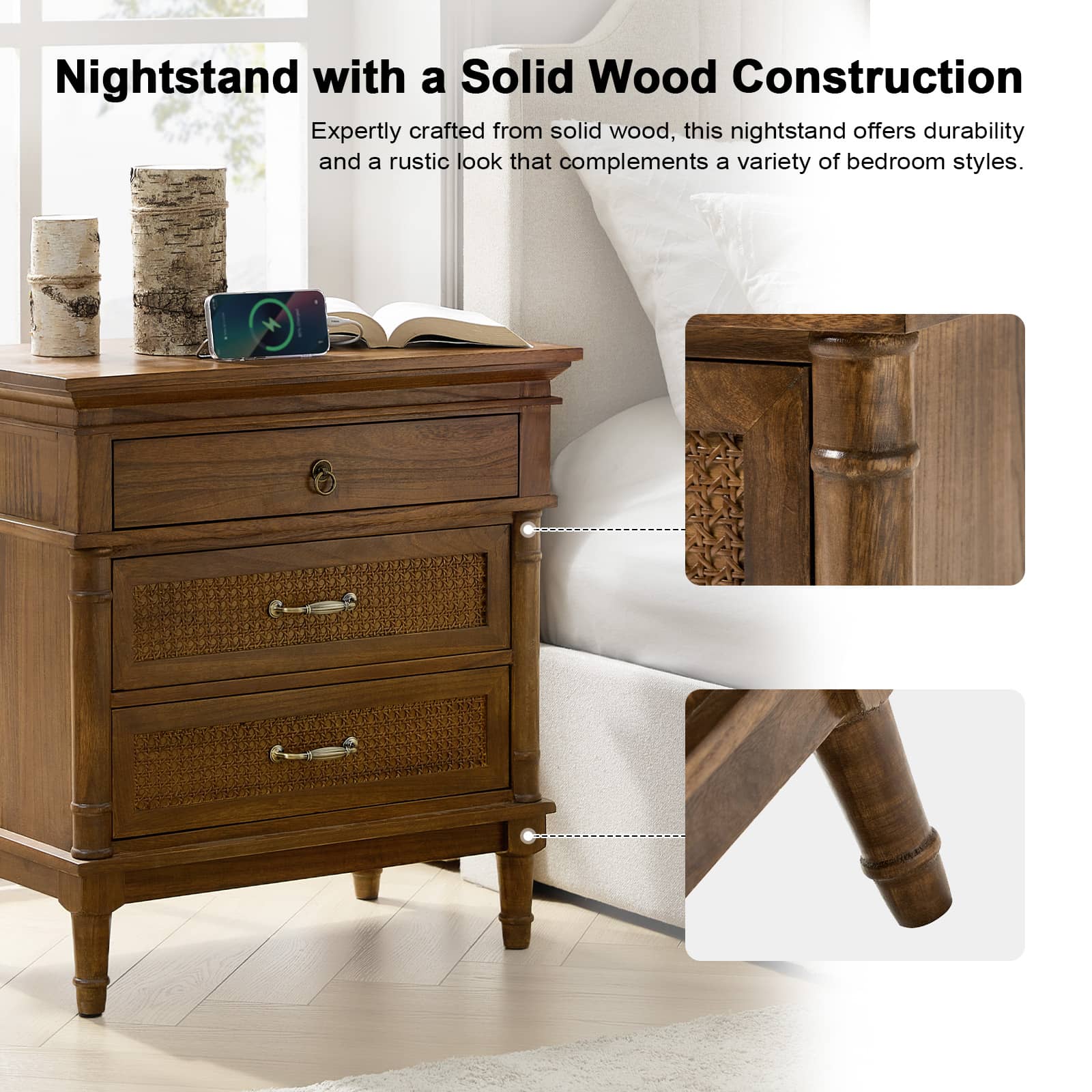 Emilio 3-Drawer Solid Wood Nightstand with USB Charging Port - Modern Bedside Table for Bedroom, Living Room & Office - Perfect for Charging Devices & Storage