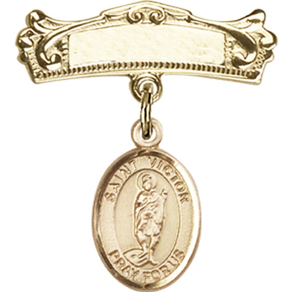Gold Filled Baby Badge with St. Victor of Marseilles Charm - 7/8 X 3/4 Inch Arched Polished Pin for Baptism, Christening & First Communion Gifts