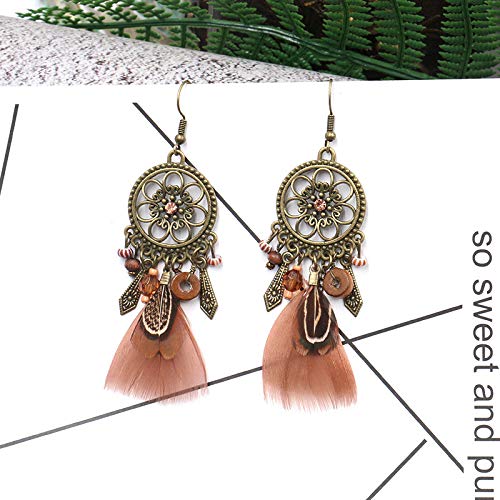 Bohemian Feather Earrings for Women - Retro Round Hollow Dangle Earrings - Exaggerated Fashion Jewelry Accessories for Parties, Festivals & Boho Outfits