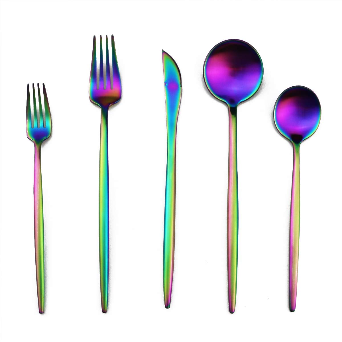 Matte Rainbow Silverware Set - Gugrida 5-Piece 18/10 Stainless Steel Flatware with Satin Finish | Durable Kitchen & Tableware for Camping, Office, School Lunch | Dishwasher Safe Cutlery for Everyday Use & Travel