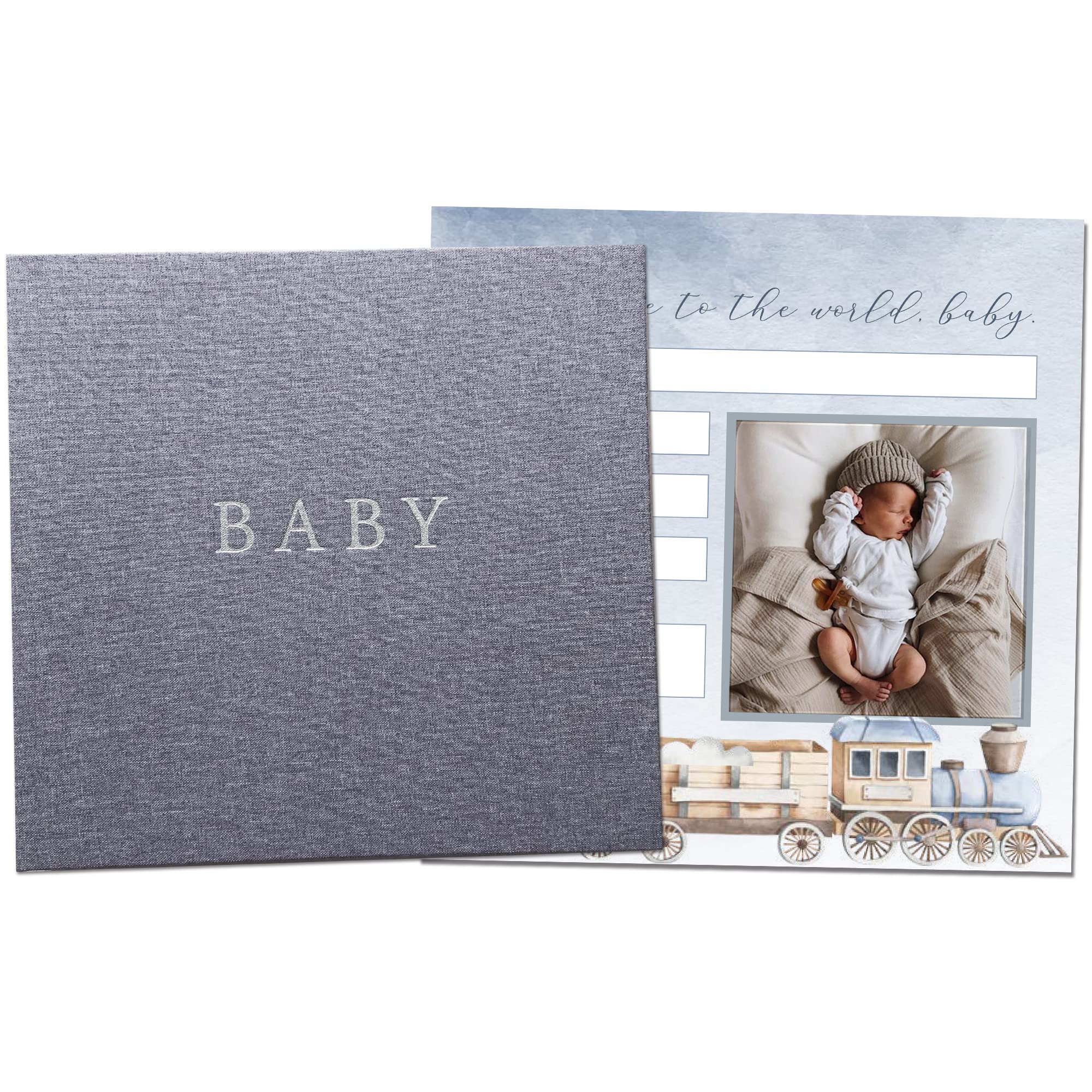 Peachly Baby Boy Memory Book | First Year Keepsake Scrapbook for Milestones | Grey Linen Baby Book for Boys - Perfect for Recording First Steps, Birthday Memories & Special Moments (Finn Design)
