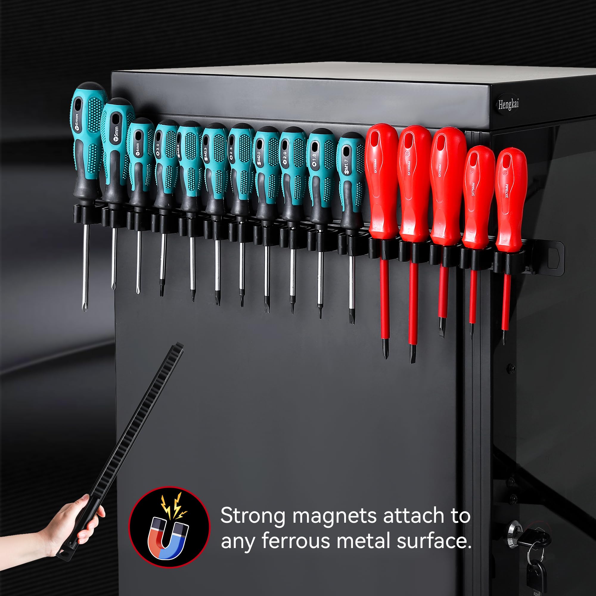 Premium Magnetic Screwdriver Organizer - Black Aluminum Rail with Keyhole Slot & 16 Clips | Heavy Duty Tool Storage for Workshop, Garage & DIY Projects