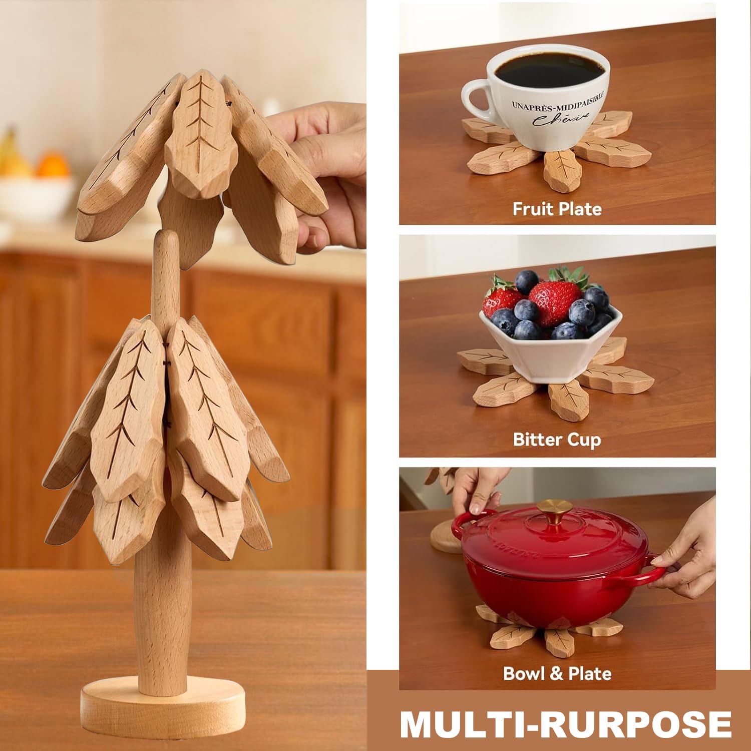 Premium Wooden Trivet Set for Hot Pots & Pans - 3-Layer Heat-Resistant Tree Design with Stand - Perfect for Dining Table, Kitchen Counter & Outdoor BBQ Protection