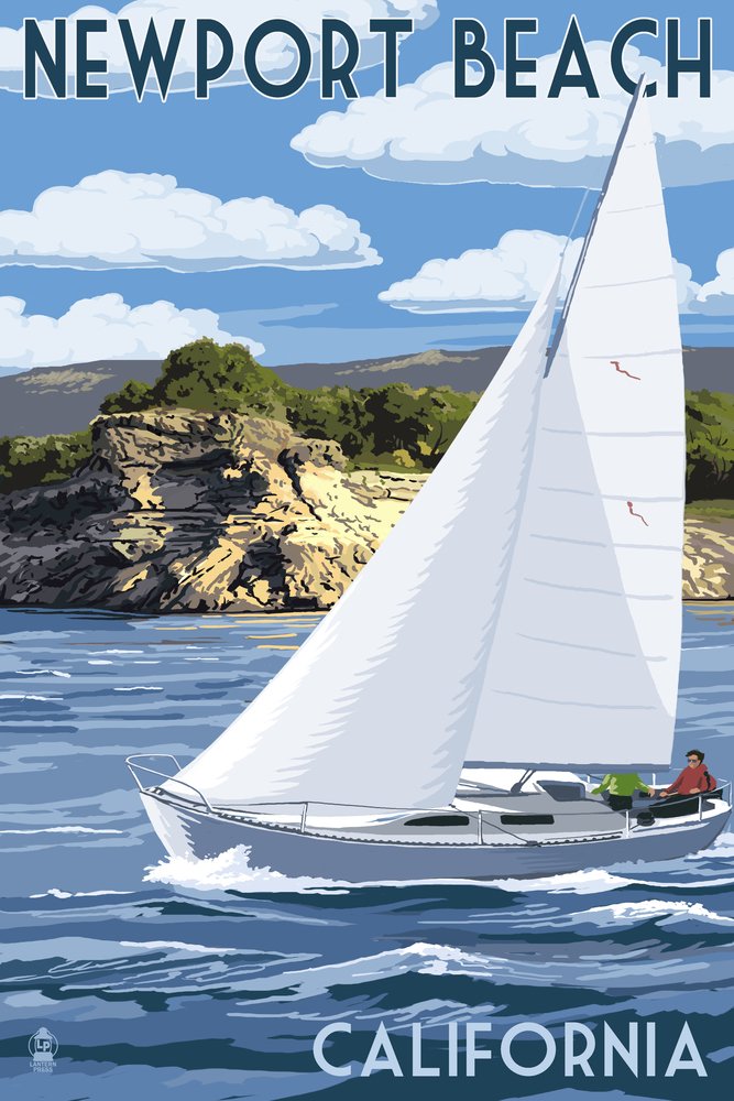 California Newport Beach Sloop Sailboat and Lake 55223 - 24x36 Signed Master Art Print for Wall Decor | Coastal Nautical Poster for Living Room, Office & Beach House