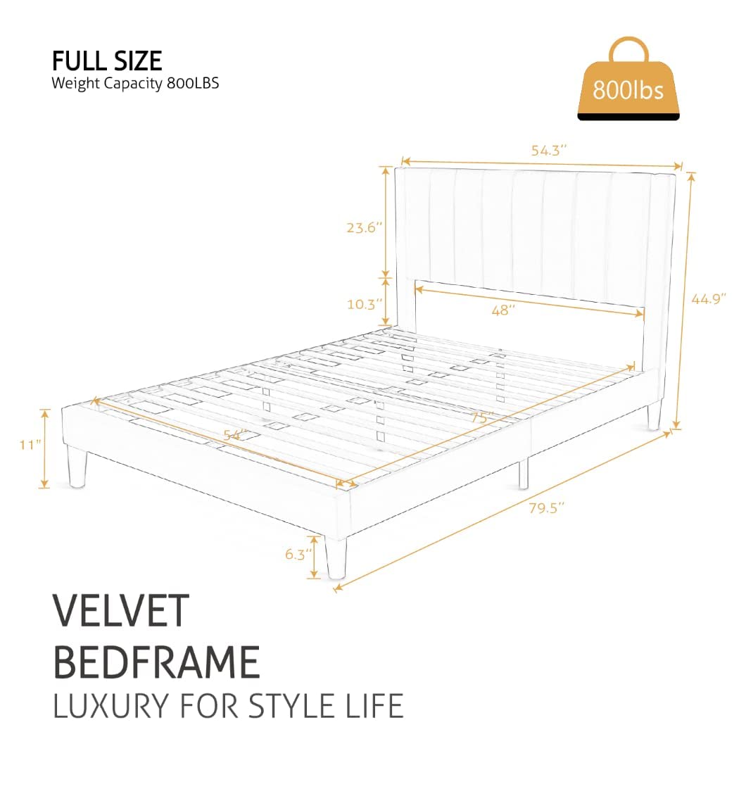 SHA CERLIN Full Size Bed Frame - Velvet Upholstered Platform Bed with Headboard & Wood Slat Support | No Box Spring Needed | Modern Bedroom Furniture for Small Spaces & Guest Rooms (Black)
