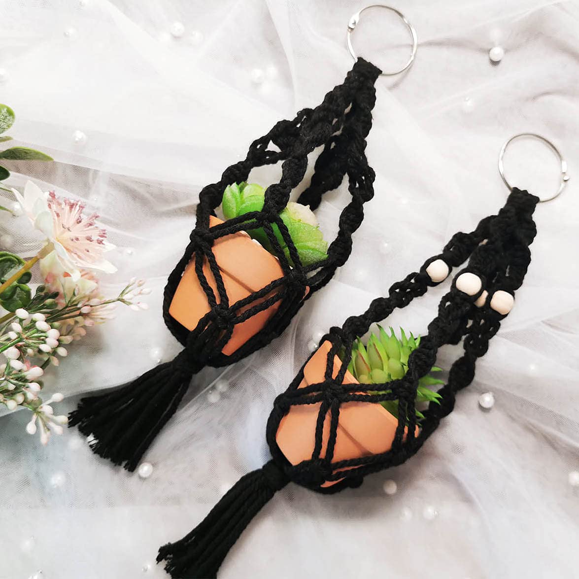 Boho Macrame Hanging Car Plant Decor - Mini Succulent Hanger for Rearview Mirror, Cute Car Accessories | Perfect for Road Trips, Office Desk & Home Décor