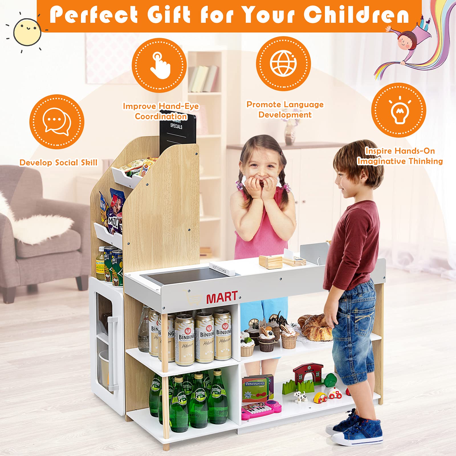 GLACER Wooden Kids Grocery Store Pretend Play Set with Cash Register, Shopping Cart, Blackboard & Play Coins - Educational Toy for Toddlers 3+ Years - Perfect Gift for Boys & Girls - Pretend Shopping Game for Preschool Learning & Role Play Fun