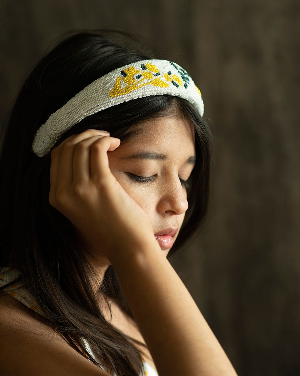 Embroidered White Black Yellow Rose Headband for Women - Elegant Floral Hair Accessory for Weddings, Parties & Everyday Wear