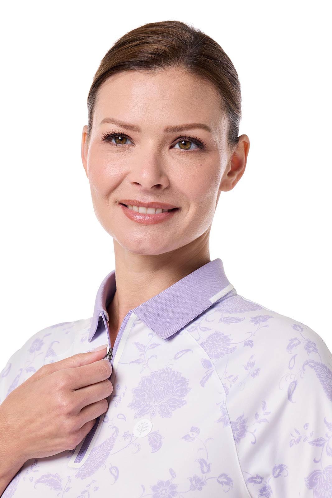 Women's Double Eagle Short Sleeve Polo Shirt - White Floral Paisley Print Casual Top for Golf, Tennis & Summer Outfits