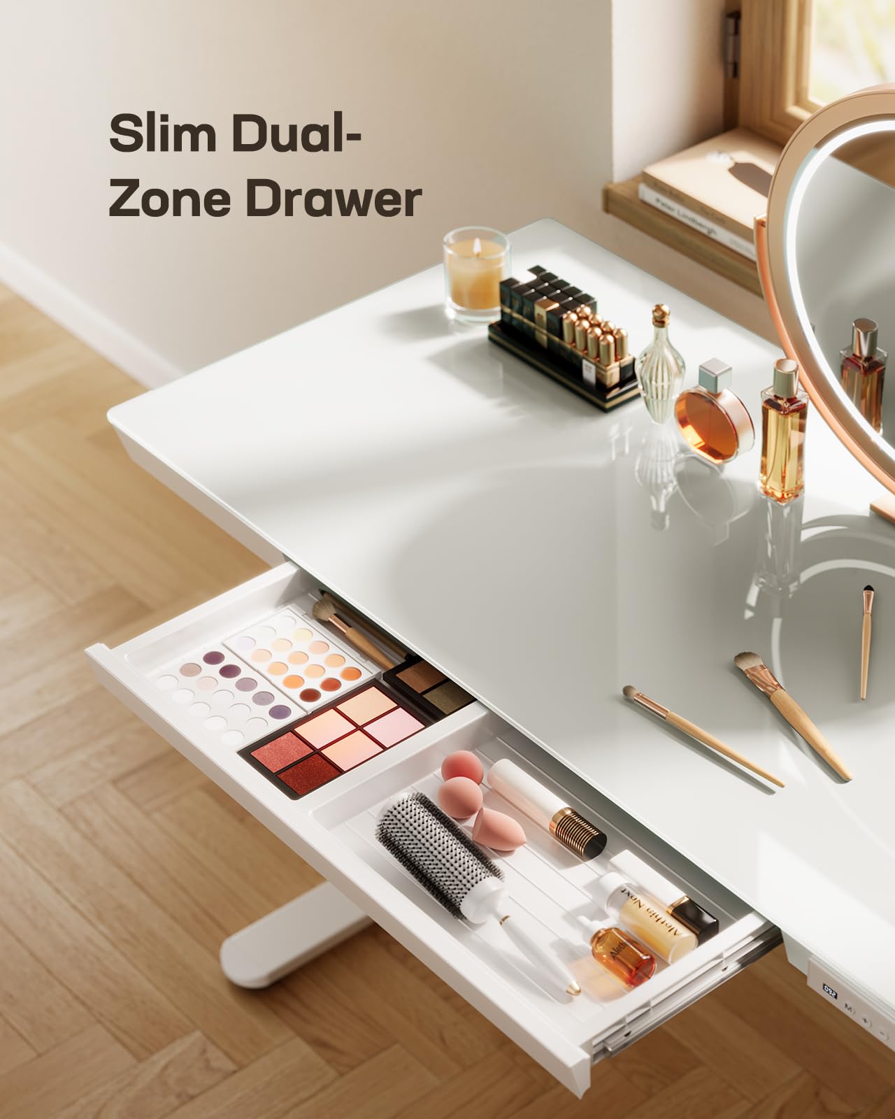 Marsail 48 x 24 Inch Electric Height Adjustable Standing Desk with Drawer Storage, USB Charging Ports & One-Piece Tabletop - White | Ergonomic Sit Stand Desk for Home Office, Gaming & Workspace
