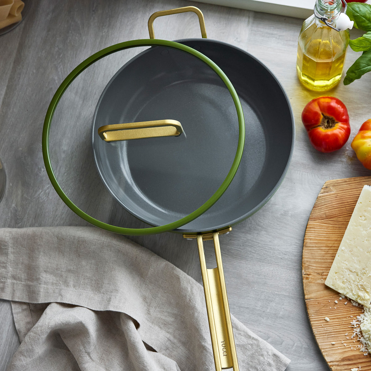 Stanley Tucci™ Ceramic Nonstick 4.5 Quart Saucepan with Lid - Eco-Friendly Cookware for Healthy Cooking | Perfect for Pasta, Soups & Sauces | Tuscan Olive Collection