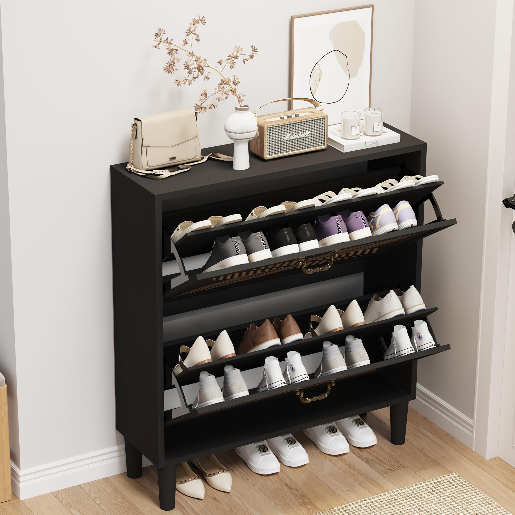 2-Drawer Shoe Cabinet with Flip Doors - Narrow Freestanding Shoe Storage Organizer for Entryway, Hallway & Closet - Carved Fluted Design (Black) - Perfect for Small Spaces & Apartment Living