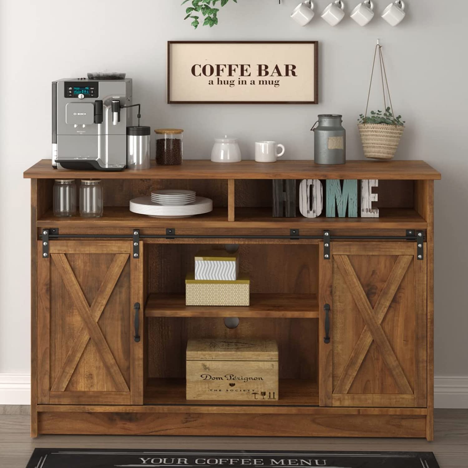 Farmhouse Coffee Bar Cabinet with Storage - Sliding Barn Door Buffet Sideboard, Rustic Oak Finish - Modern Kitchen Storage Cabinet with Adjustable Shelves - Perfect for Dining Room, Living Room or Home Bar Decor