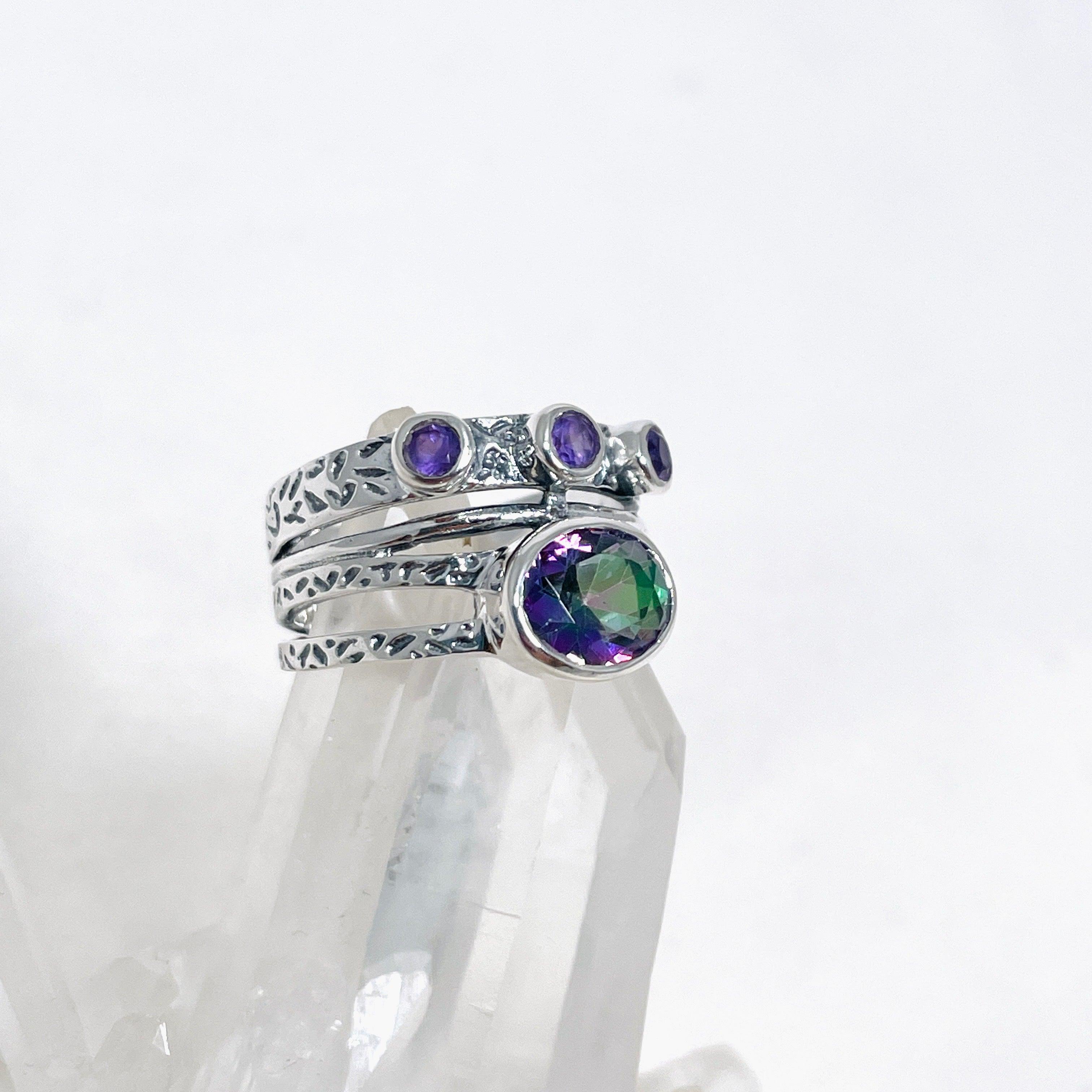 Faceted Mystic Topaz & Amethyst Gemstone Ring R3783 - Elegant Jewelry for Women, Perfect for Weddings, Parties & Special Occasions