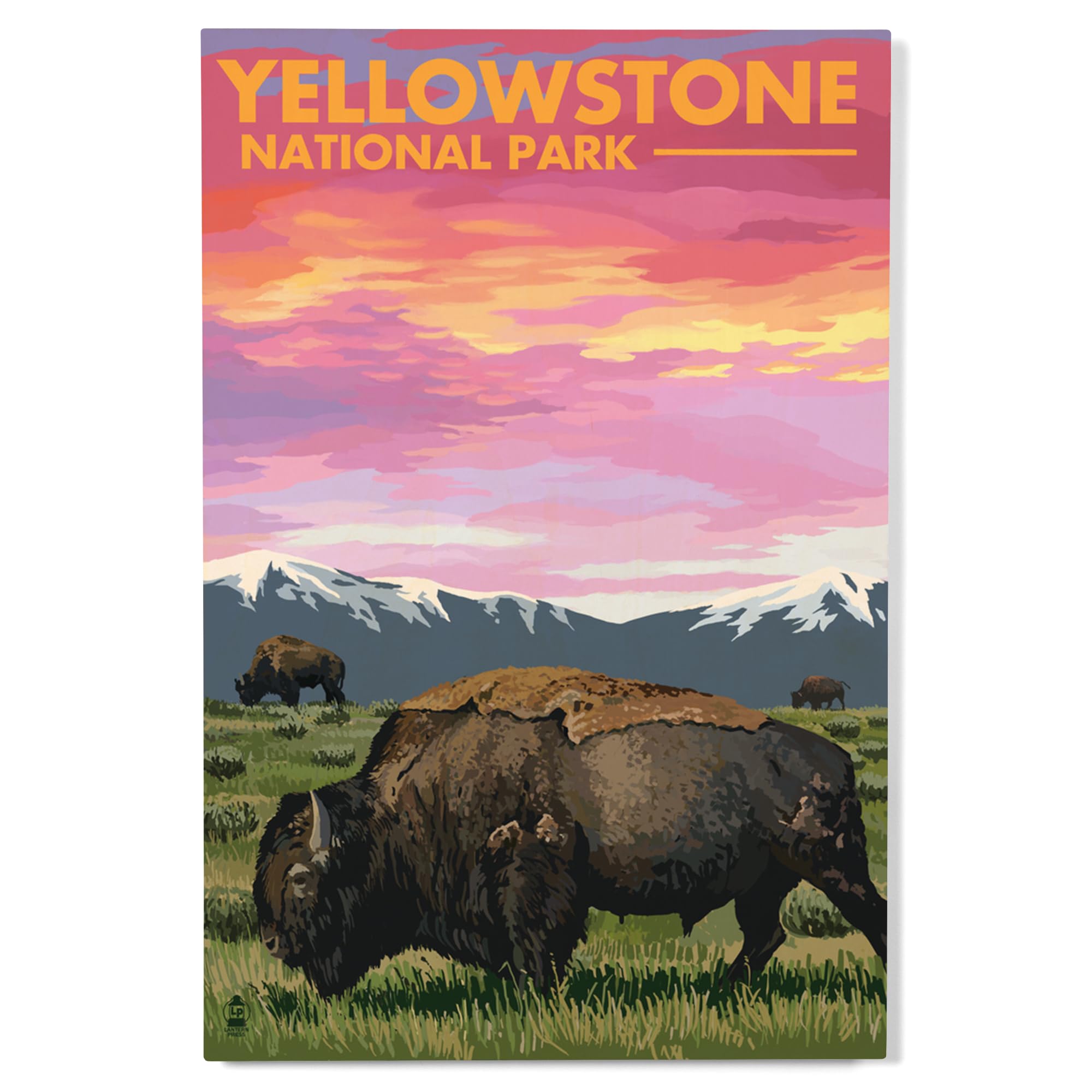 Lantern Press 12x18 Inch Premium Wood Wall Sign - Yellowstone National Park Bison Sunset Art - Ready to Hang Home Decor for Living Room, Bedroom, or Office