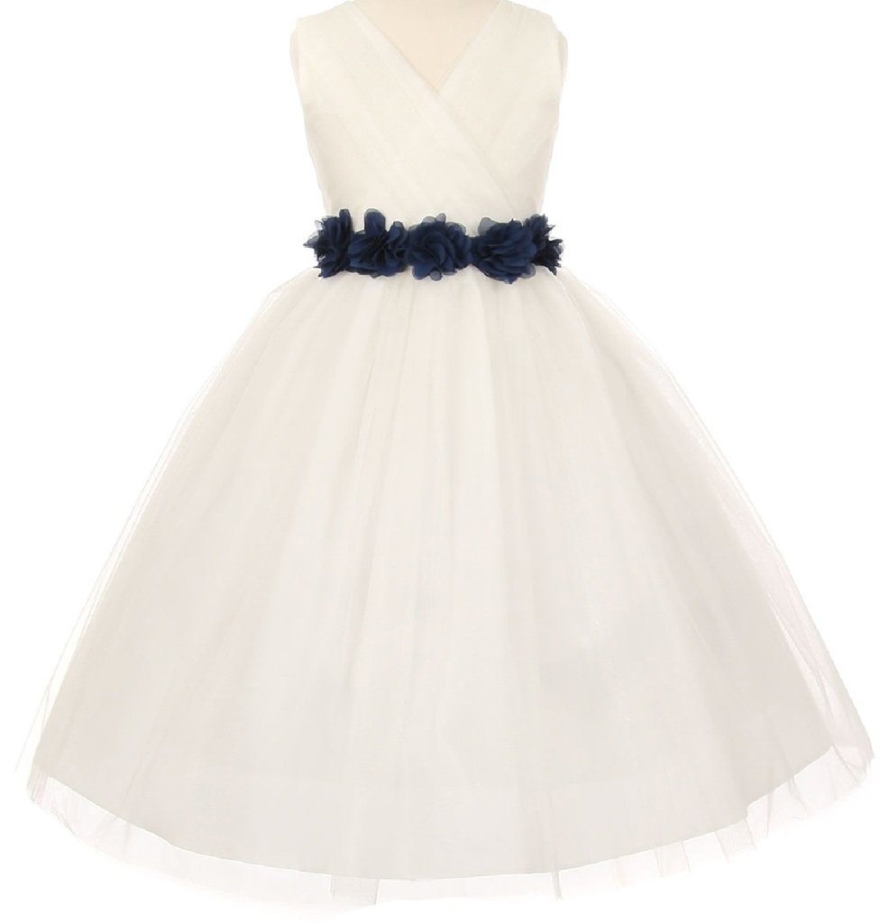 Ivory Tulle Flower Girl Dress with V-Neck and Floral Sash - Perfect for Weddings, Birthday Parties & Special Occasions