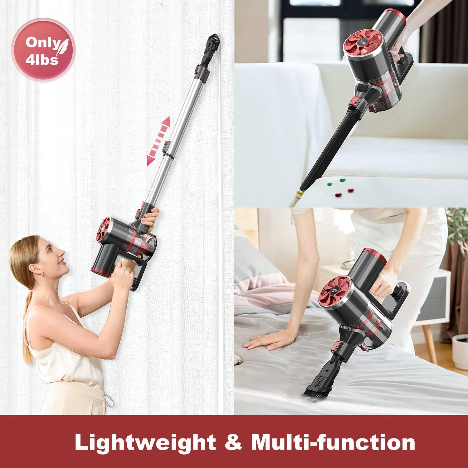 Powerful Cordless Vacuum Cleaner - 40Kpa Strong Suction, Self-Standing Stick Vacuum with LED Display, 40Min Runtime Brushless Motor, Lightweight for Hardwood Floors & Carpets - Ideal for Pet Hair Cleaning & Home Use (Red)
