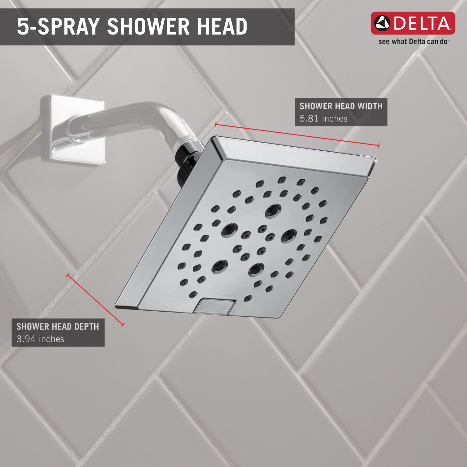 Delta H2Okinetic 5-Setting Modern Angular Shower Head in Chrome - High Pressure Water Saving Showerhead for Spa-Like Relaxation at Home