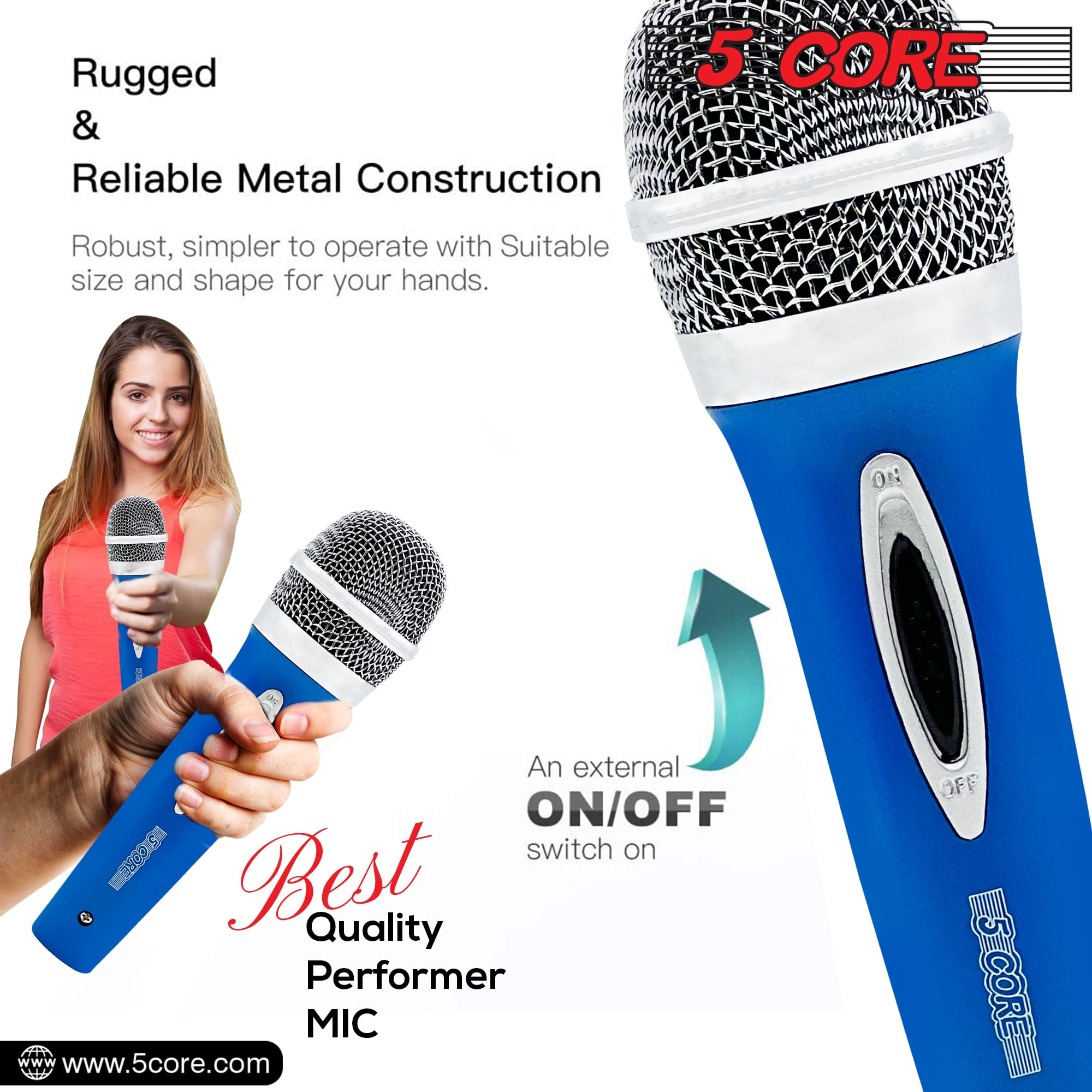 5 Core Dynamic Vocal Microphone with Cardioid Unidirectional Pickup, On/Off Switch & XLR Cable - Professional Handheld Mic for Singing, Karaoke, Live Performances & Studio Recording (PM 286 BLU)