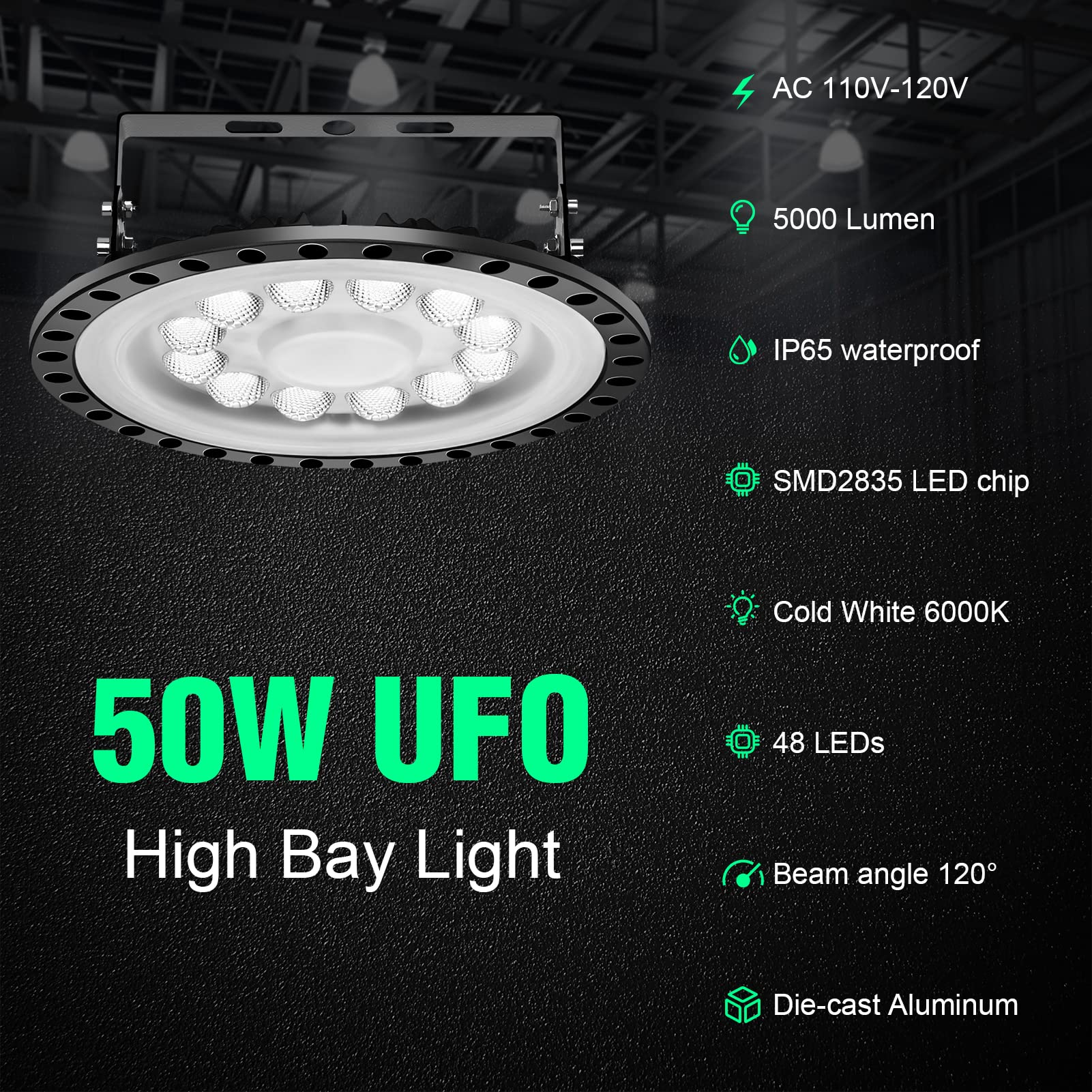 50W LED High Bay Light 6 Pack - 6500K Daylight White, 5000LM UFO High Bay Fixture with Mounting Brackets, IP65 Waterproof - Commercial & Industrial Lighting for Warehouse, Workshop, Garage, Barn (Replaces 200W MH/HPMH/HPS) | Energy-Efficient Bright Lighting Solution for Large Spaces