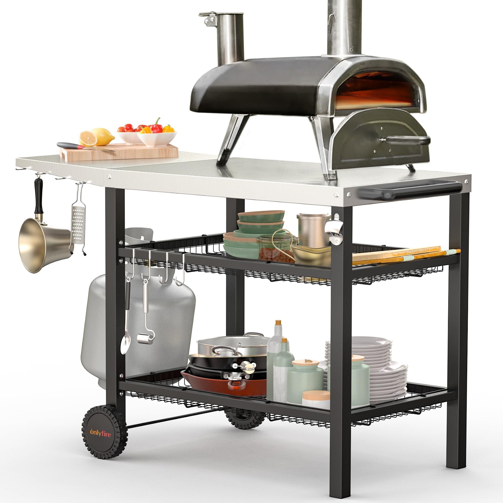 OnlyFire Stainless Steel Pizza Oven Cart for Ooni, Ninja Woodfire, Blackstone - Outdoor Grill Prep Table with Storage Basket & Wheels | Portable Cooking Station for Backyard, Patio & Camping Pizza Parties
