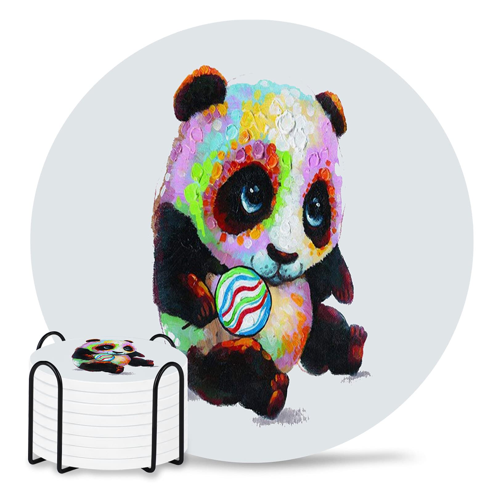 Absorbent Panda Coasters Set of 8 with Holder - Cute Round Ceramic Drink Coasters for Mugs & Cups, Perfect Gift for Home, Office or Party Use