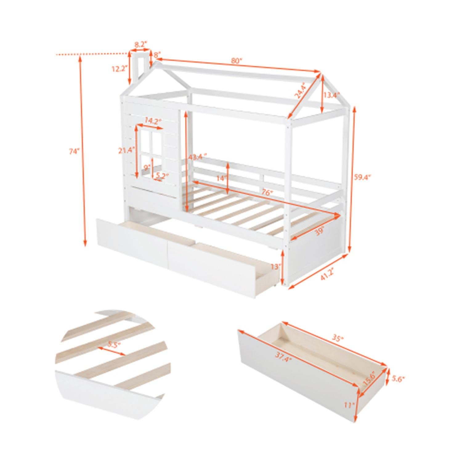 White Twin House Bed Frame with 2 Drawers & Windows - Sturdy Wood Slat Support - Perfect for Kids' Bedroom, Playroom or Cozy Reading Nook