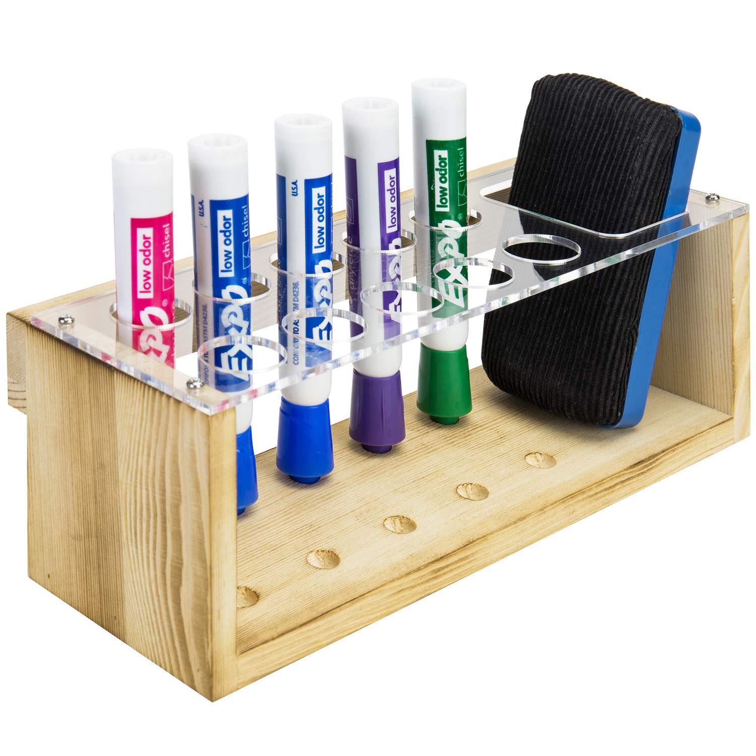MyGift Premium Light Brown Burnt Wood & Clear Acrylic Wall Mount/Tabletop Whiteboard Organizer - Dry Erase Marker & Eraser Holder for Office, Classroom & Home Use