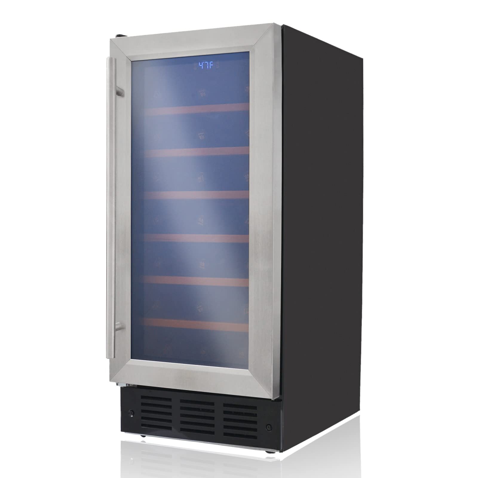 15 Inch Under Counter Wine Cooler Refrigerator - 31 Bottle Freestanding Compressor Wine Fridge with Beech Wood Shelves, Digital Thermostat & Glass Door (Stainless Steel & Black) - Perfect for Home Bars, Restaurants, and Wine Cellars